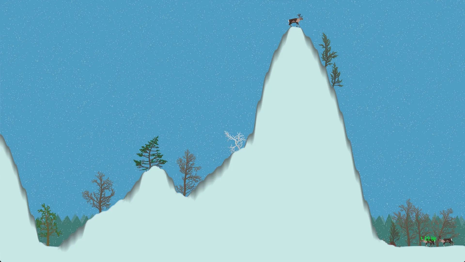 PolyPine: Deer on snowy mountain peak with trees in a forested winter landscape