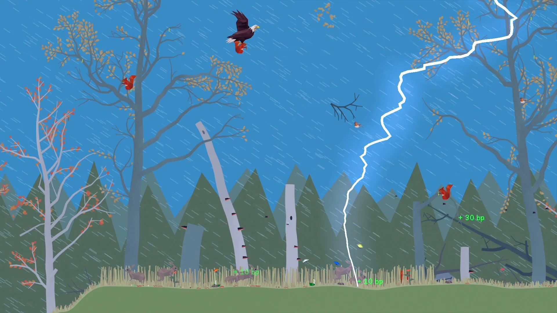 PolyPine: Stormy forest with lightning, animals in trees, and points displayed for actions in progress
