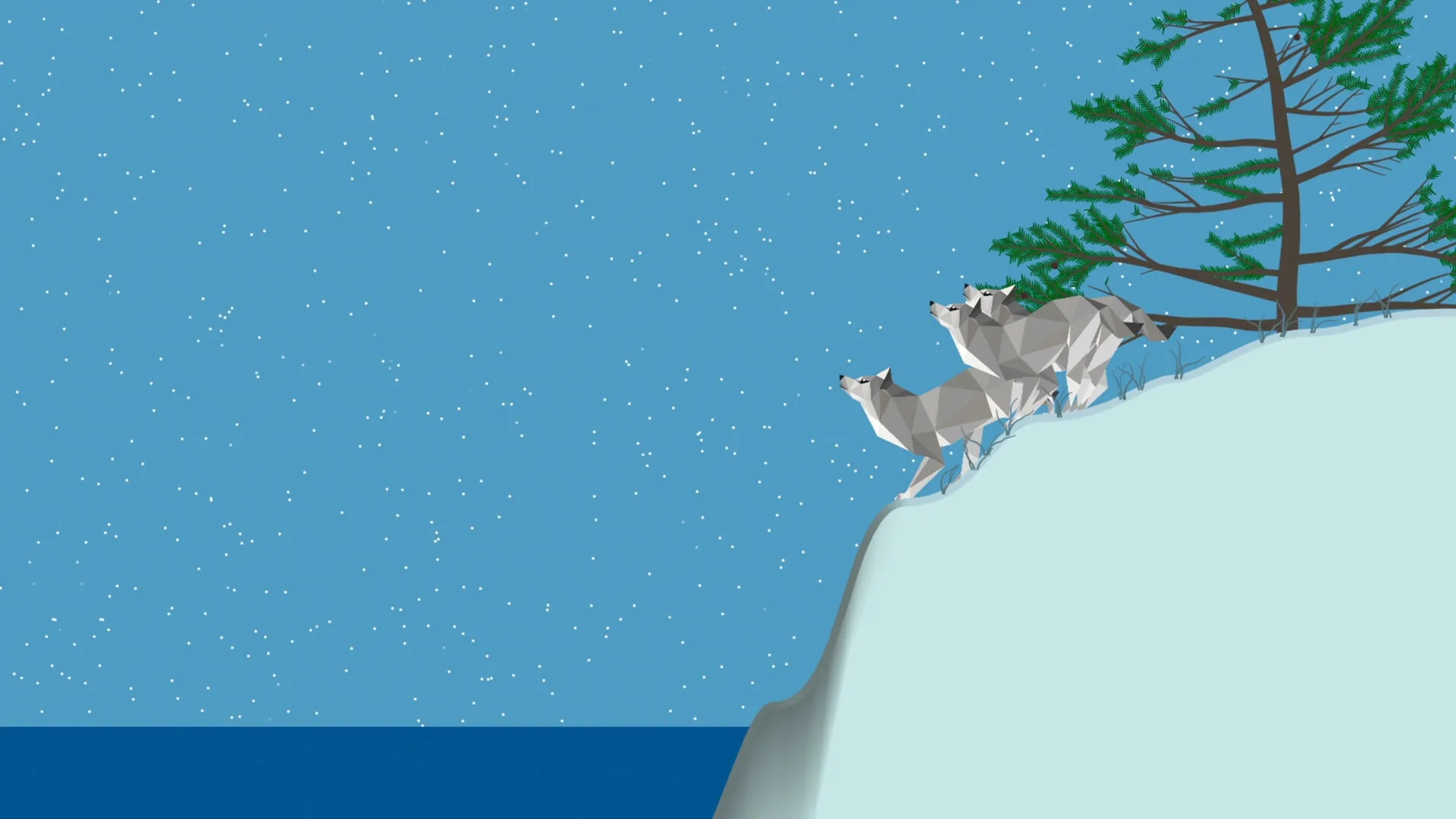 PolyPine: Three polygonal wolves standing on snow cliff under starry sky with pine tree backdrop