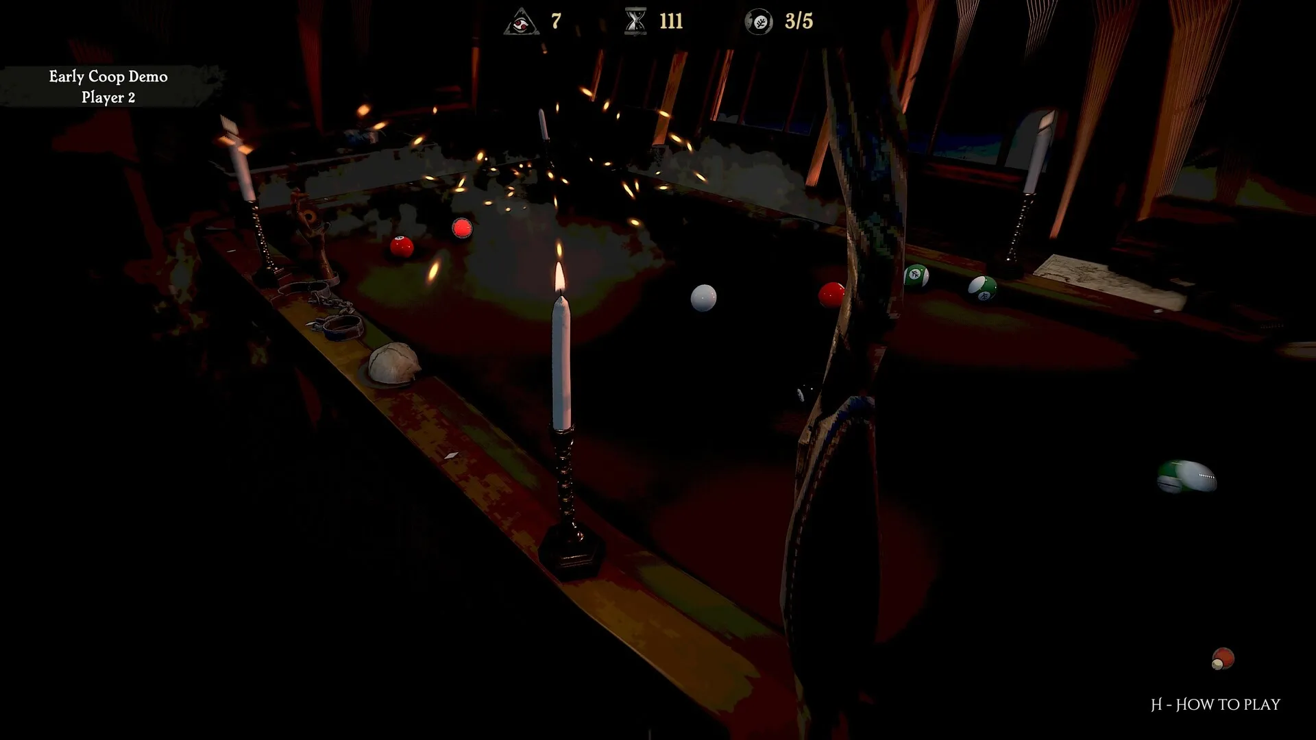 Pool of Madness: Pool table with burning candle, scattered balls, and eerie shadows in a dark room