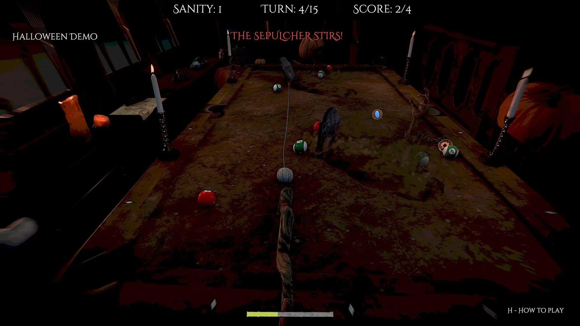 Pool of Madness: Player aiming at pool balls on a haunted table with tombstones and eerie lighting