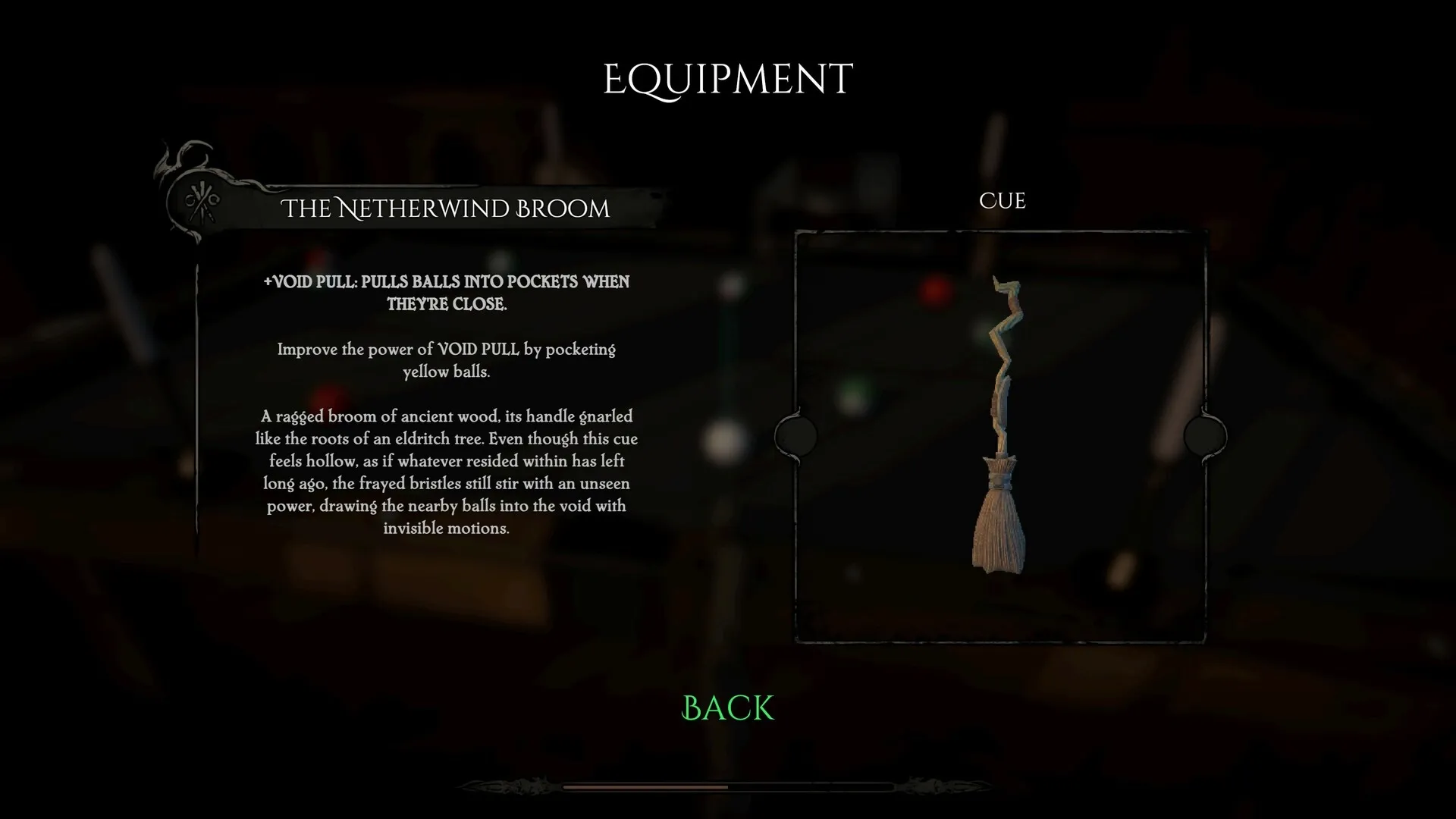 Pool of Madness: Equipment menu featuring the Netherwind Broom cue with Void Pull ability description.