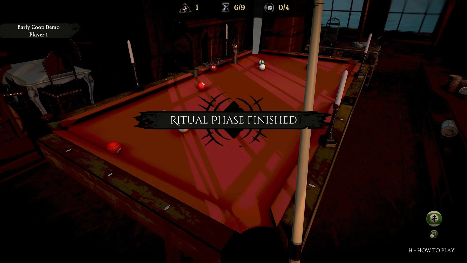 Pool of Madness: Ritual phase finished message on eerie, dimly lit pool table setting
