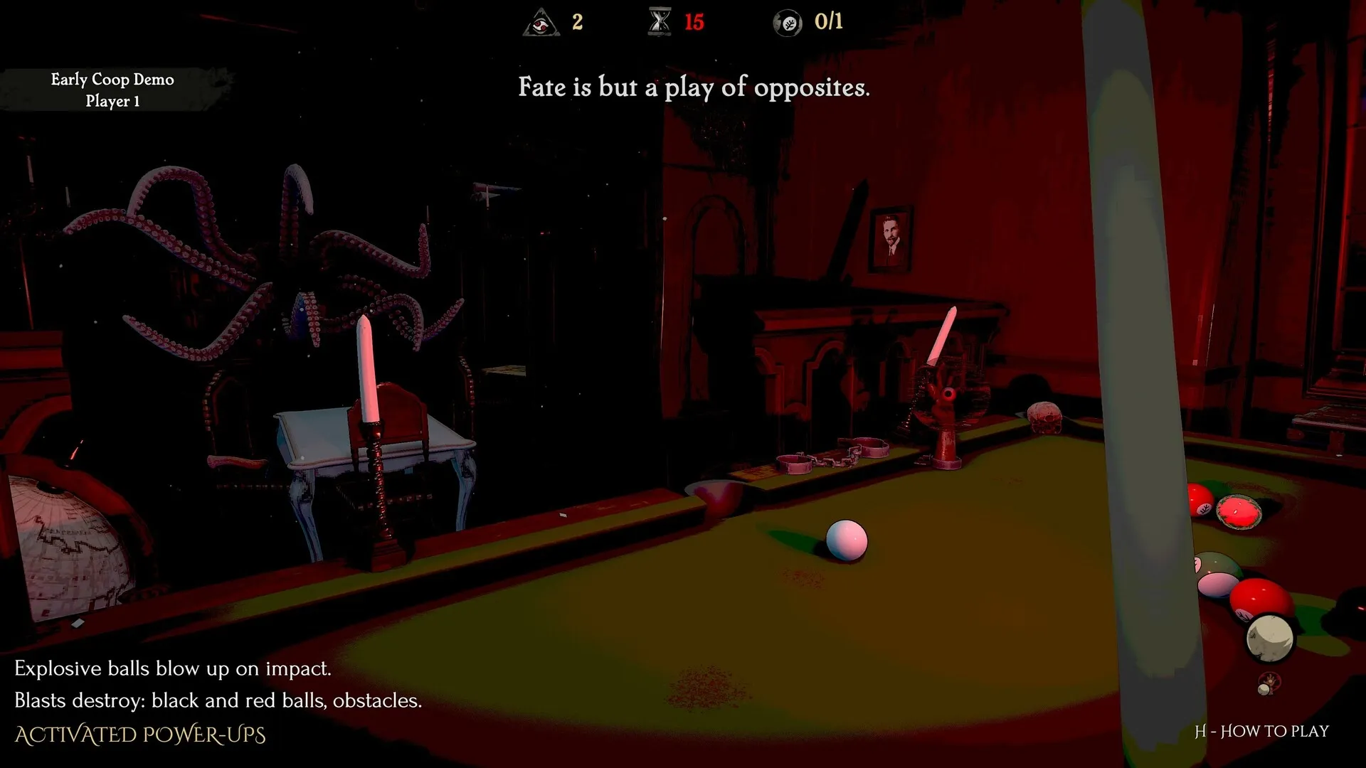 Pool of Madness: Tentacled horror emerges near pool table in shadowy room with ominous red lighting.