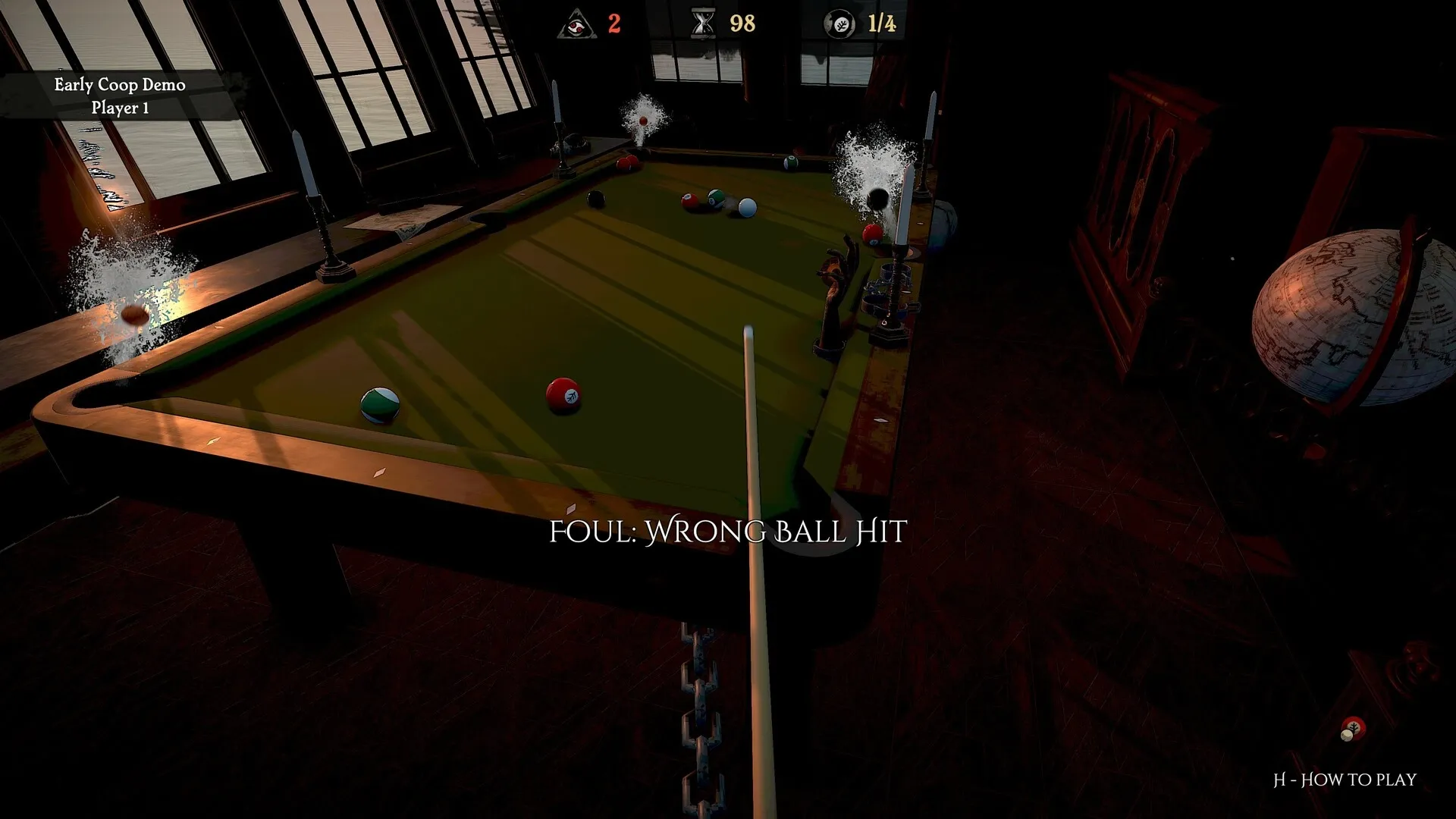 Pool of Madness: Player hits wrong ball on pool table in dimly lit room, causing eerie smoke effects