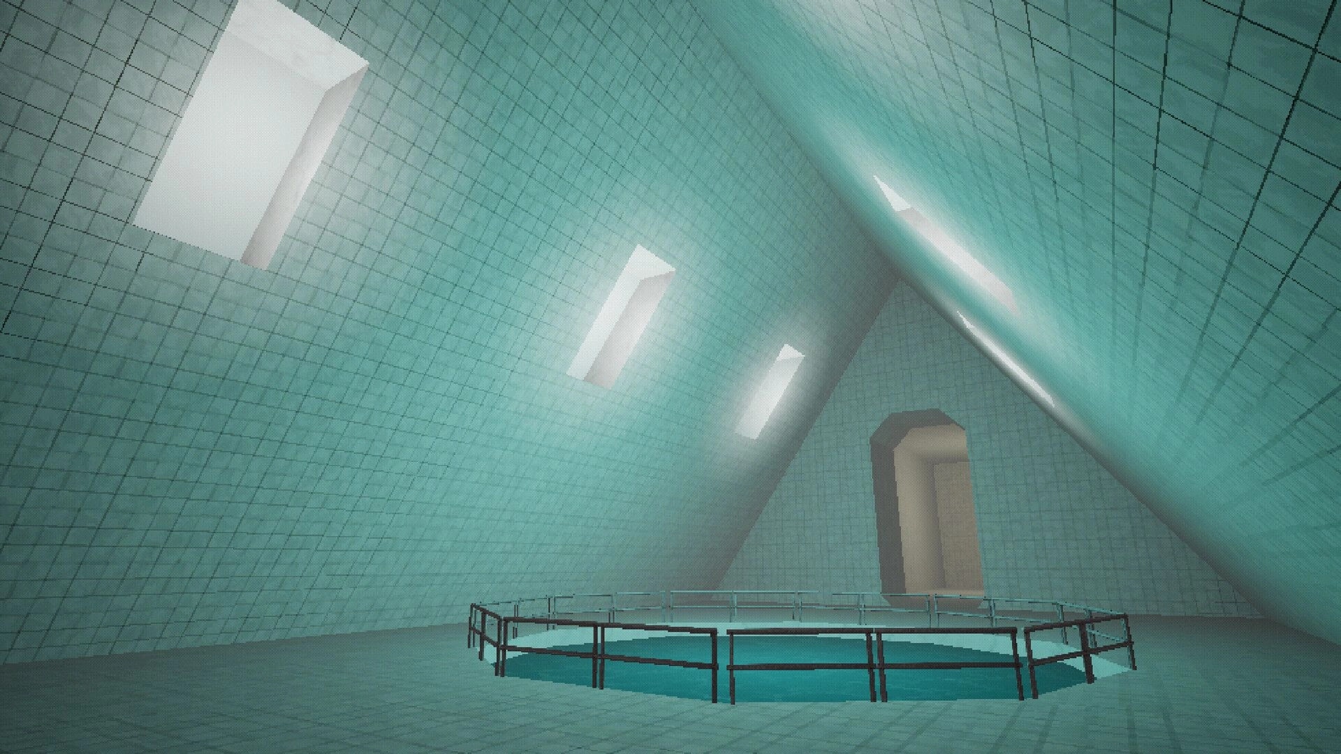 Poolscape: Circular pool with railing inside a large, teal-tiled room with slanted walls and skylights