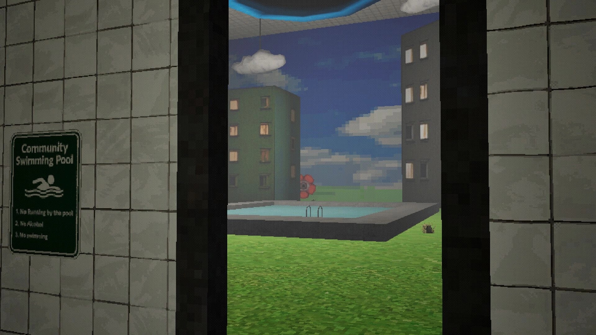 Poolscape: View of pool area through tiled corridor, with buildings and cloudy sky in the background