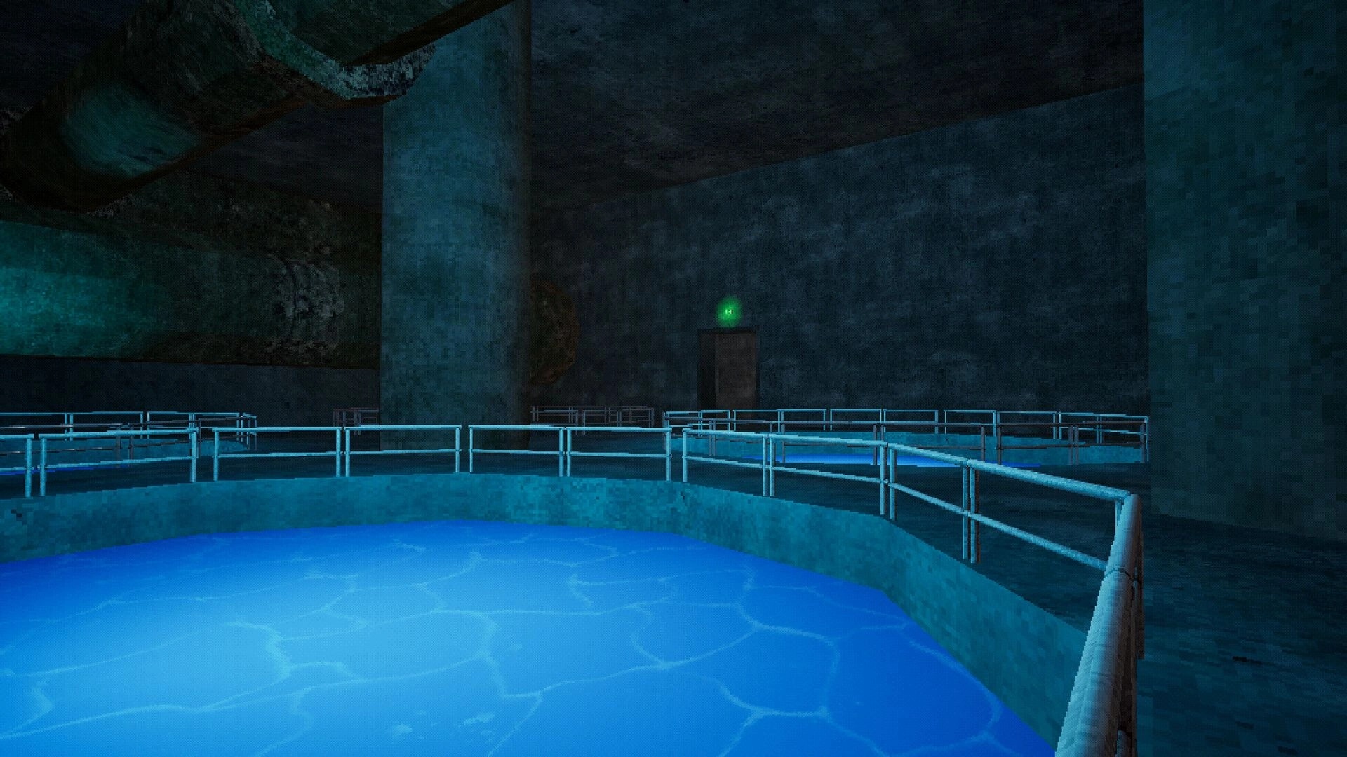 Poolscape: Dimly lit poolroom with blue water and glowing green exit sign in retro-styled environment