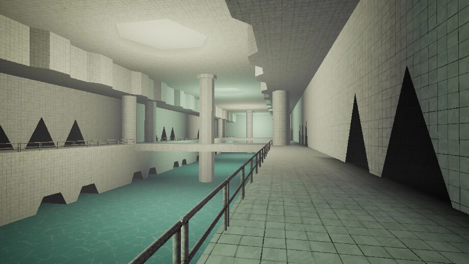 Poolscape: Exploring a vast tiled corridor with water channels and geometric structures in a liminal space.