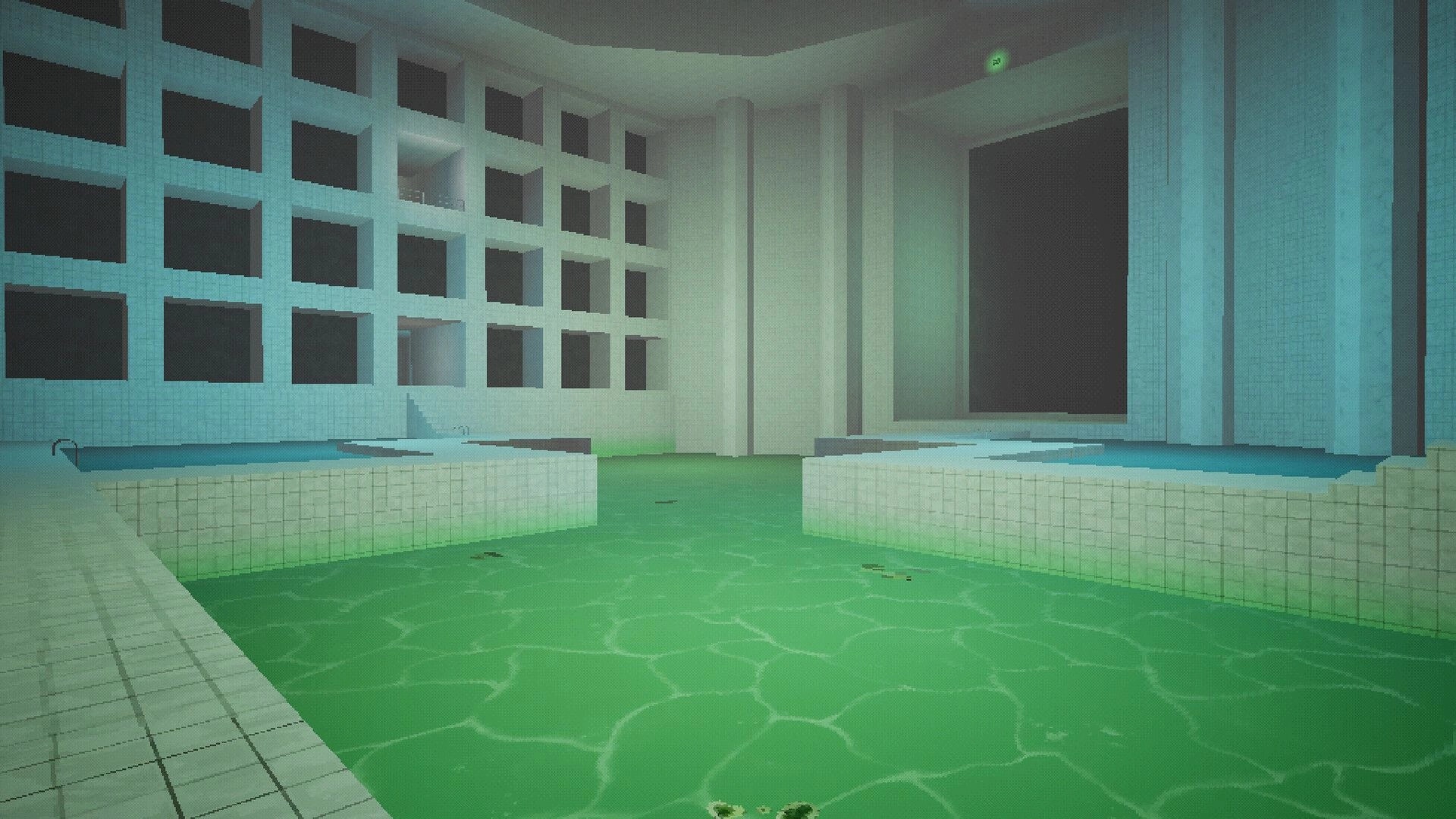 Poolscape: Retro-styled pool area with green water, tiled walls, and ambient lighting in liminal space.