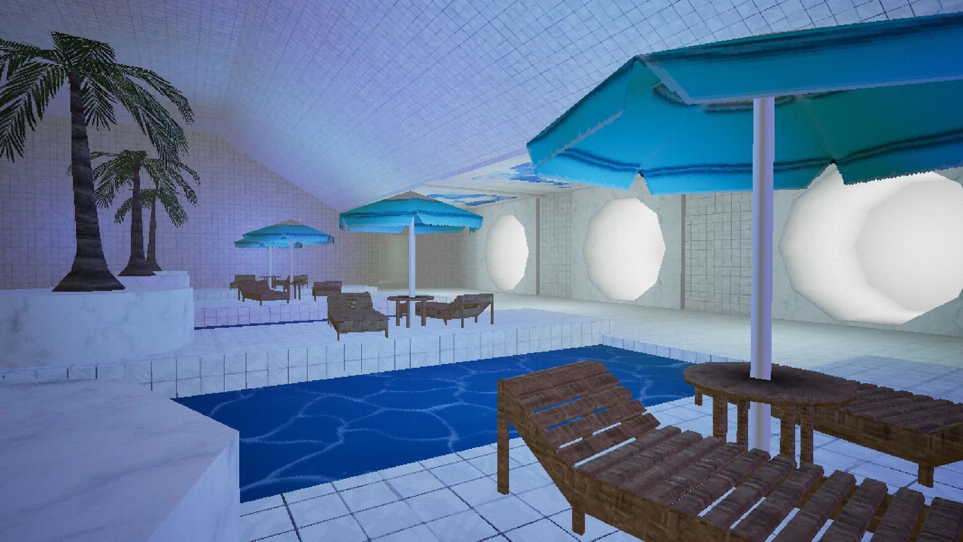 Poolscape: Retro poolside area with wooden loungers, blue umbrellas, and palm trees in a tiled room