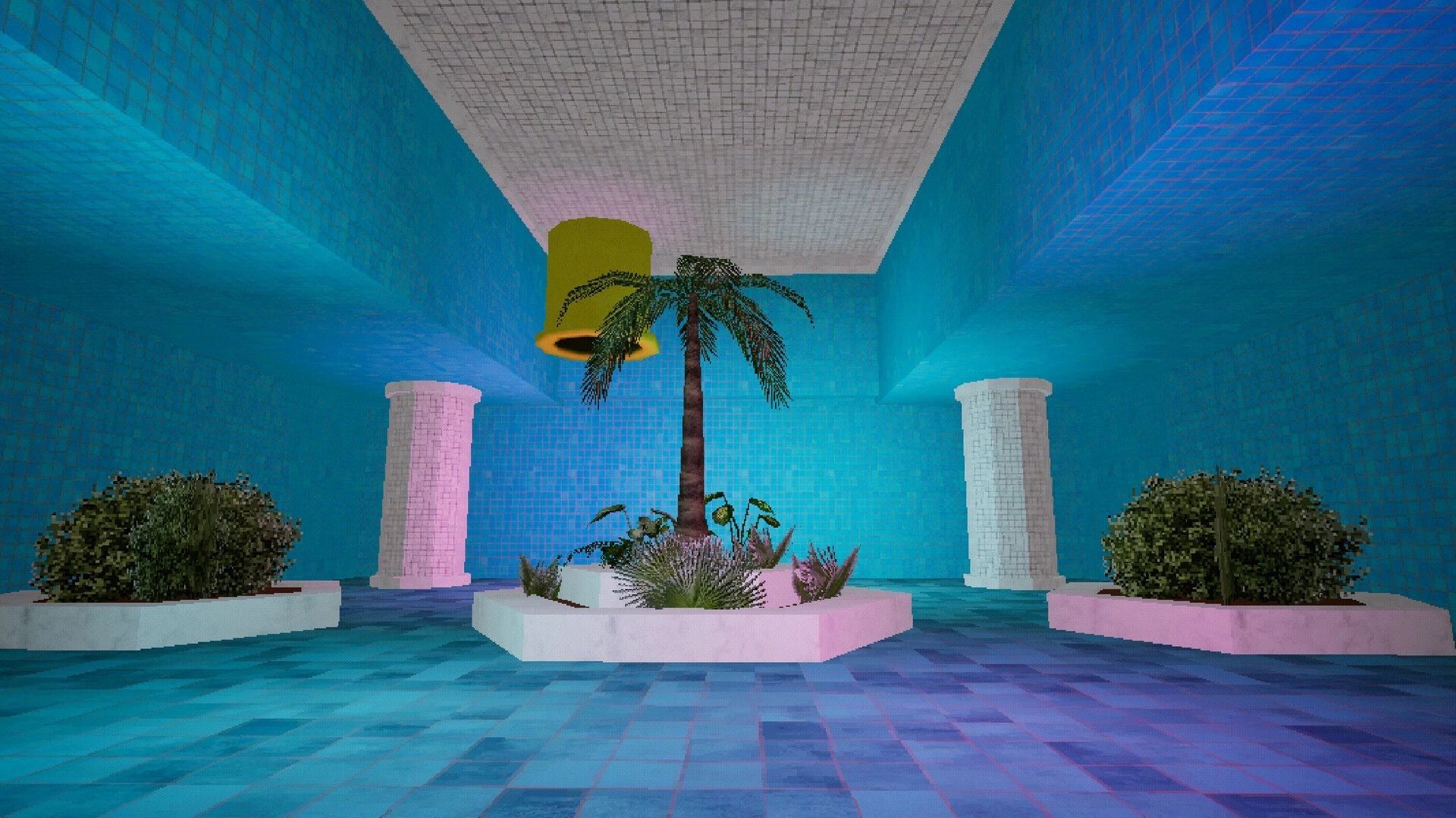 Poolscape: Central palm tree in a tiled blue room with columns and geometric planters