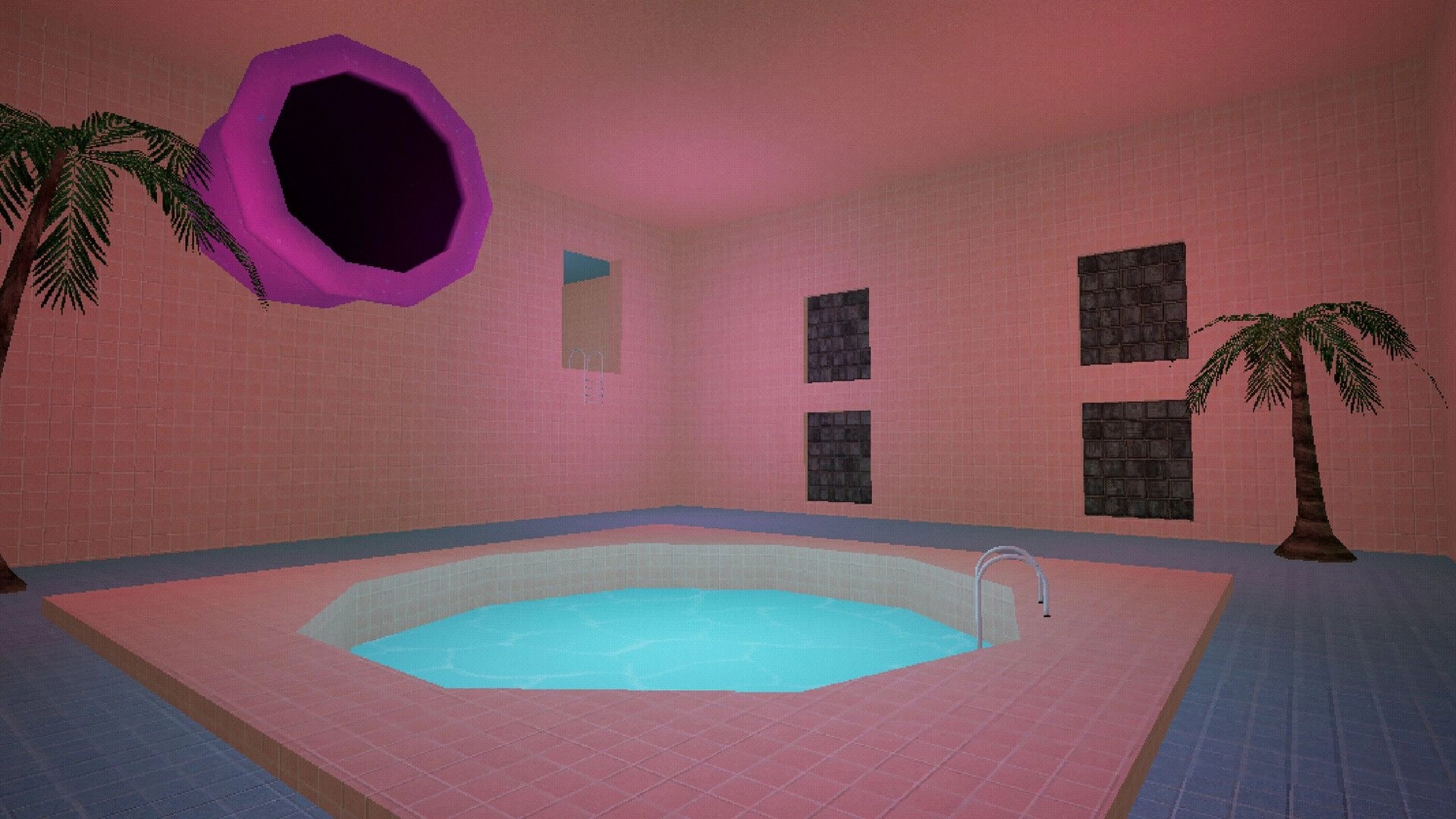 Poolscape: Empty pool room with glowing water, pink tiles, palm trees, and a large purple pipe overhead