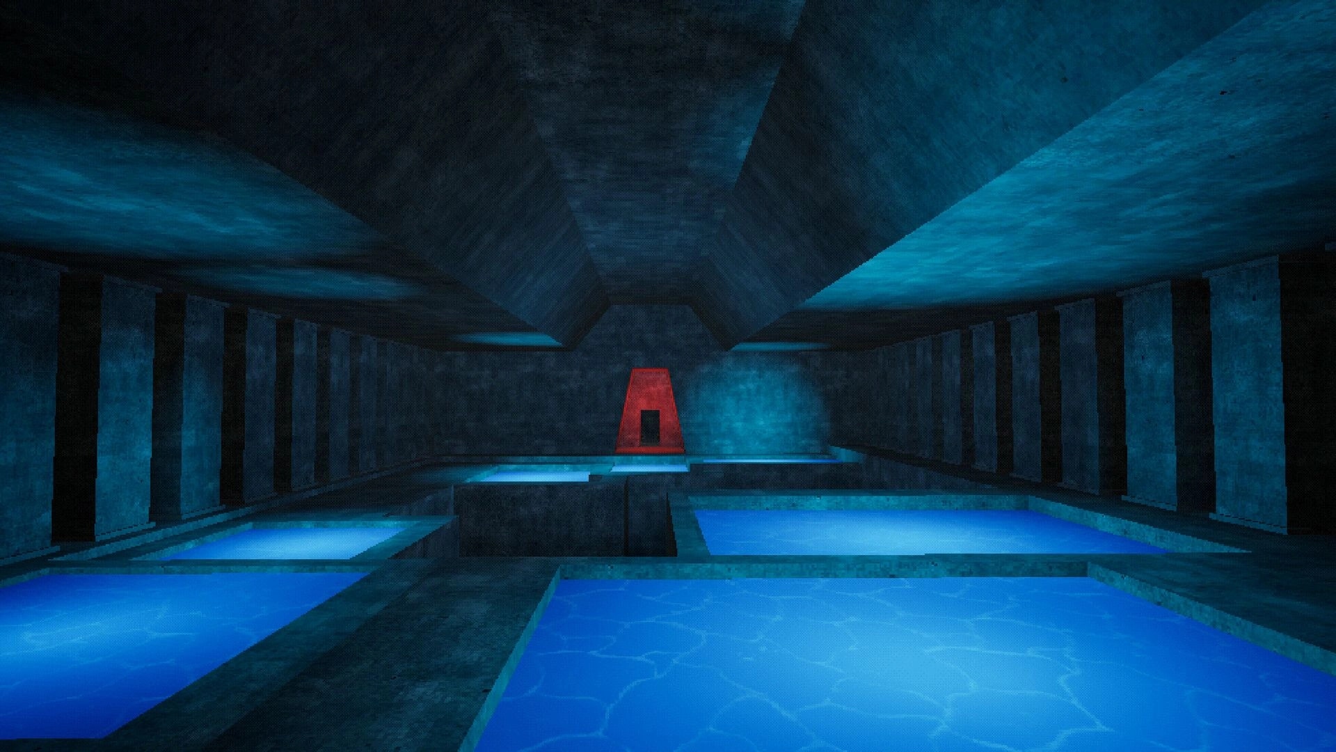Poolscape: Blue-tinted liminal room with multiple pools and a central red door in shadowy ambiance