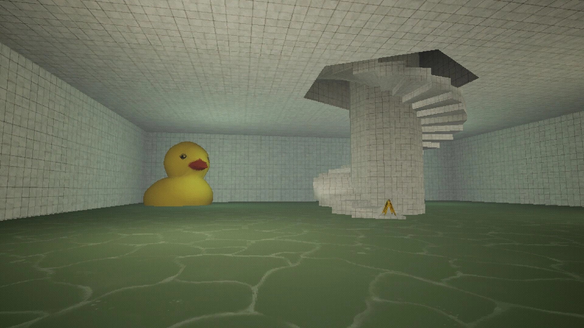 Poolscape: Spiral staircase rises above green pool with large yellow rubber duck in tiled room