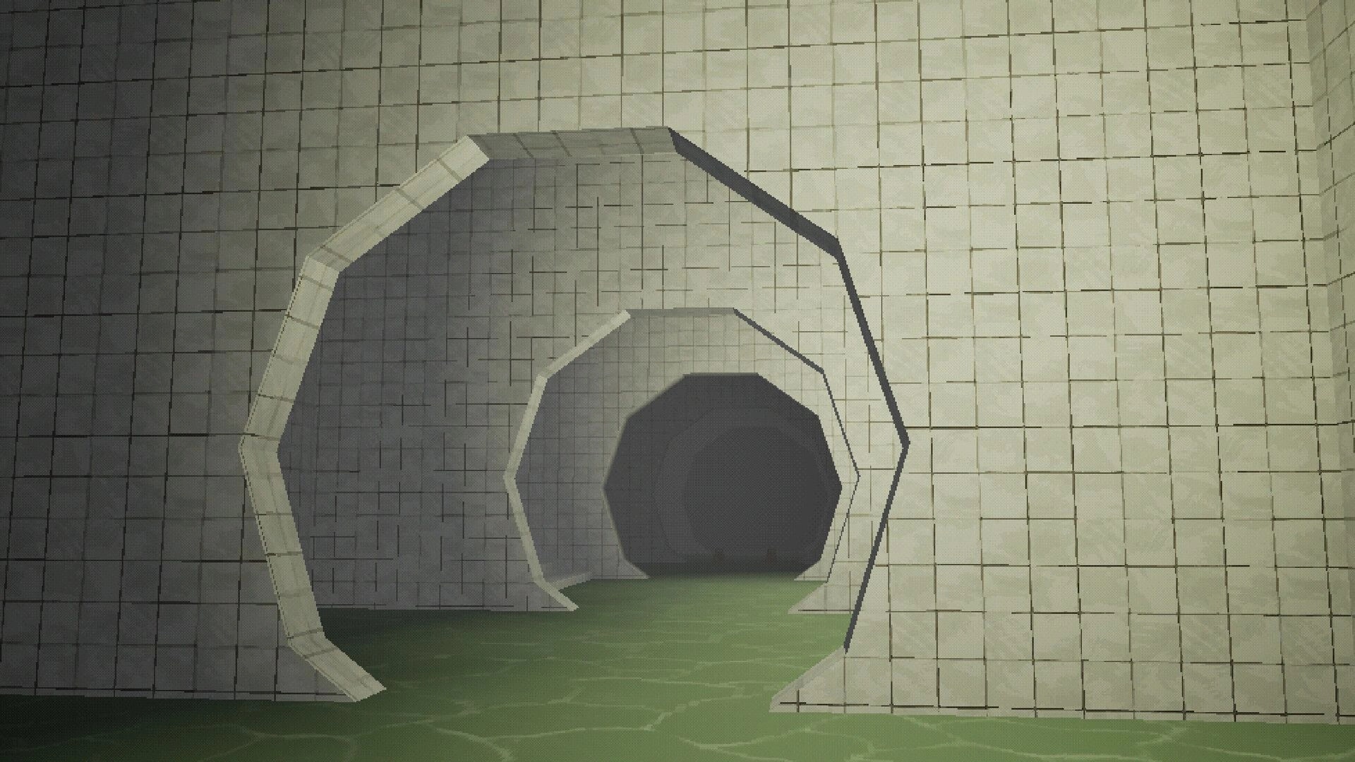 Poolscape: Exploring a tiled tunnel with green water, evoking classic PSX nostalgia in liminal space.