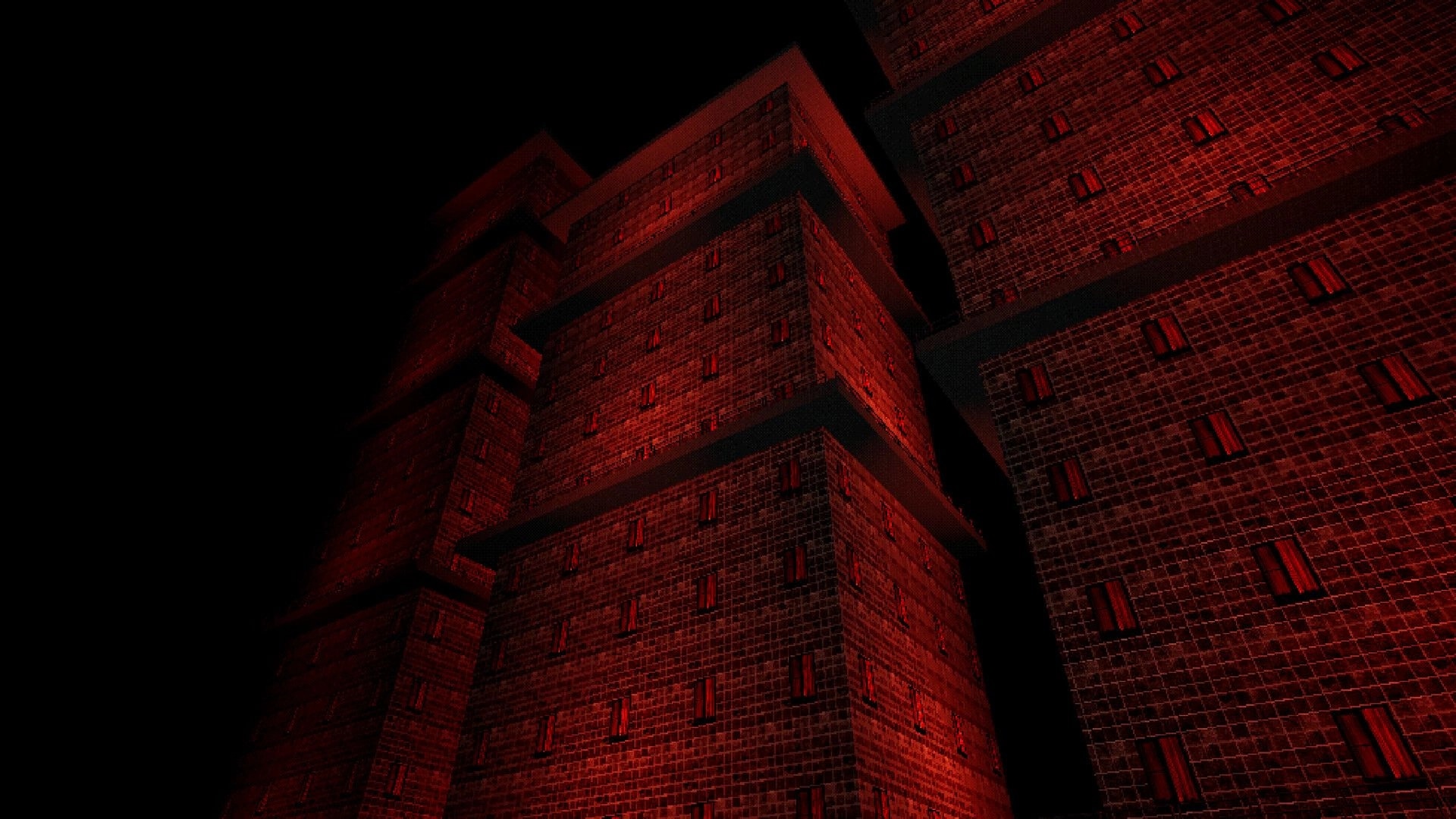 Poolscape: Tall red-brick buildings under a dark sky, reflecting eerie lighting in a liminal space.