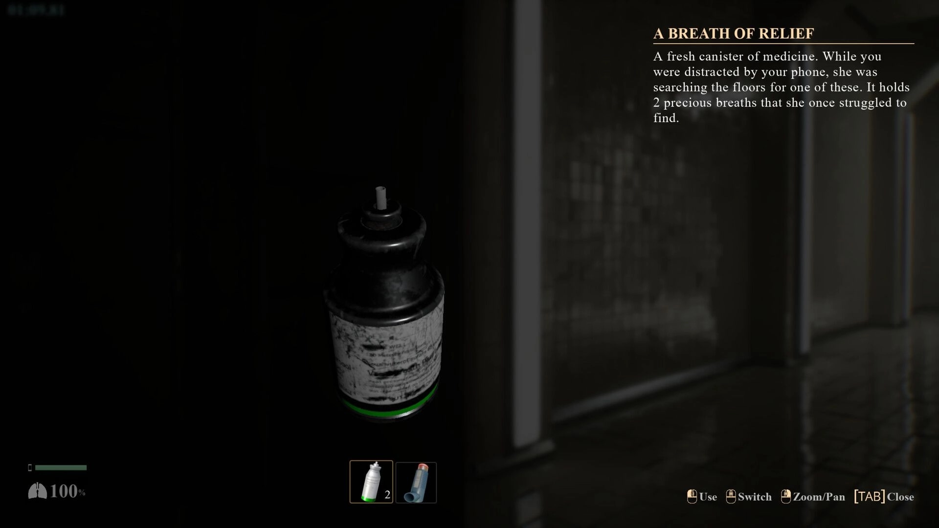 POOLSIDE VIGIL: Canister item in dark corridor with inventory showing two items and health at 100%