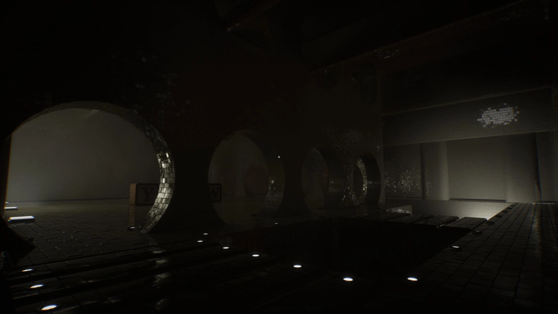 POOLSIDE VIGIL: Dark tiled corridor with circular archways and scattered glowing floor lights illuminating path
