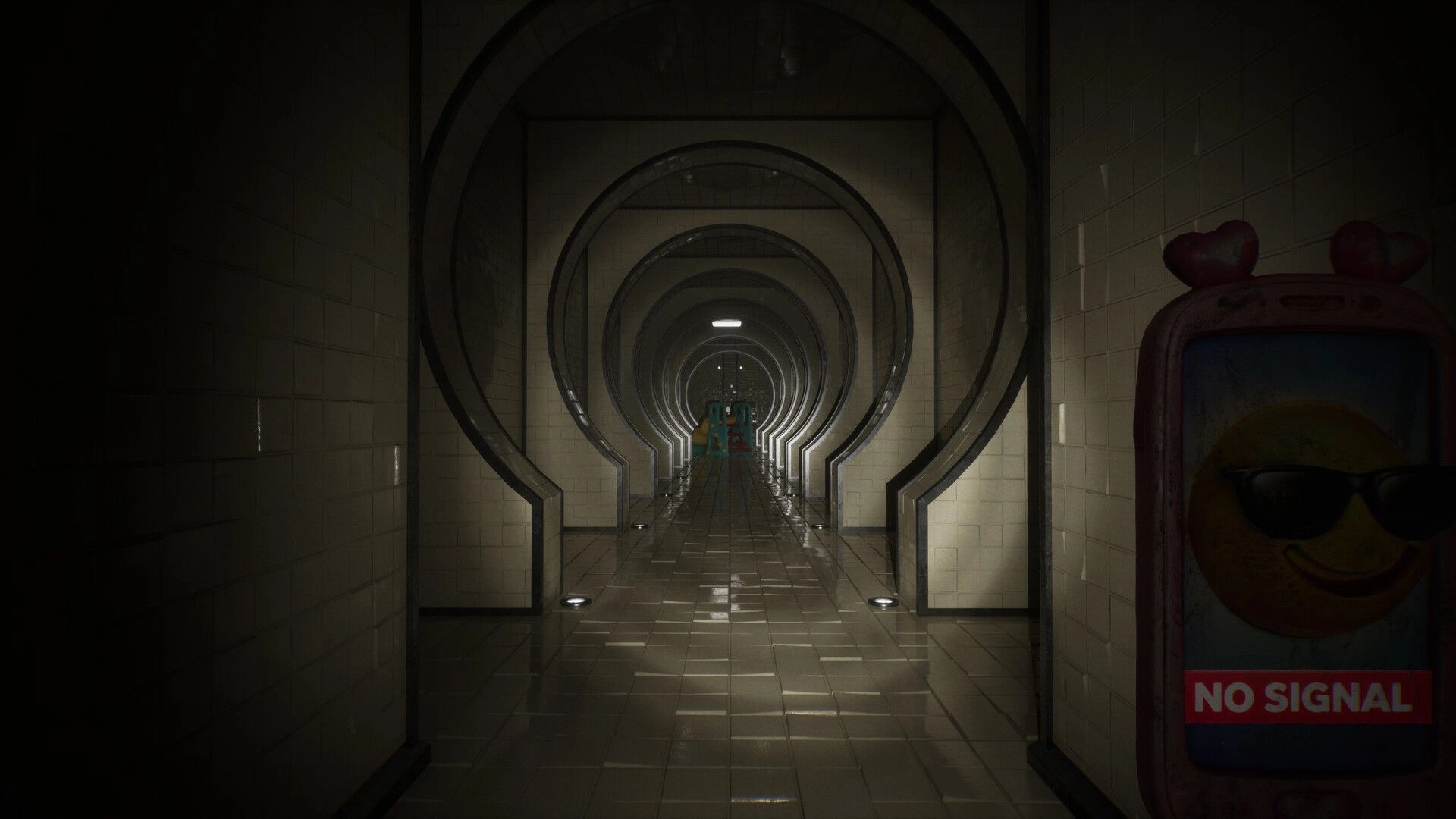 POOLSIDE VIGIL: Long tiled hallway with circular arches, dim lighting, and a "NO SIGNAL" phone icon.