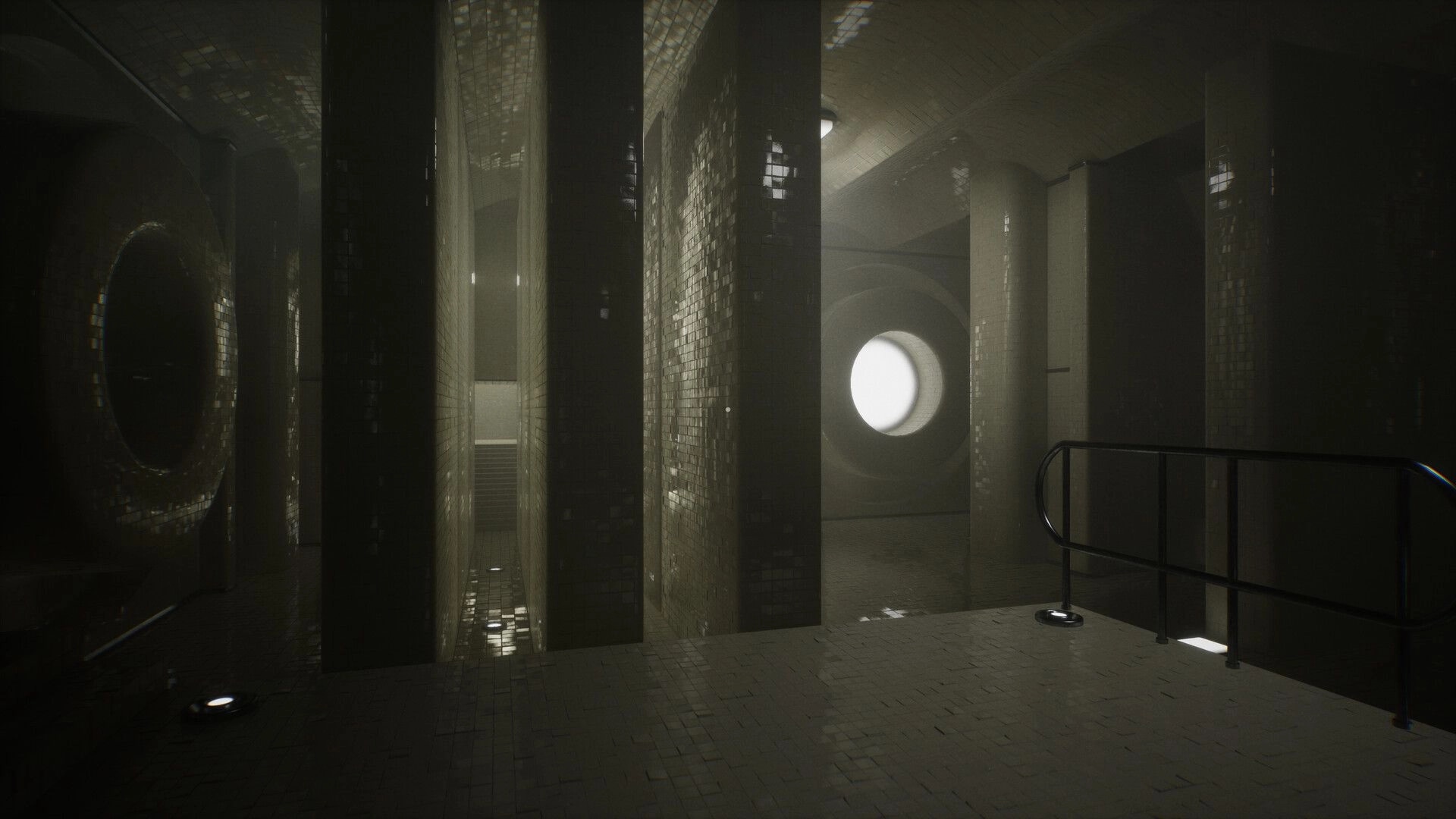 POOLSIDE VIGIL: Dimly lit tiled corridor with circular openings, reflecting eerie ambient light.
