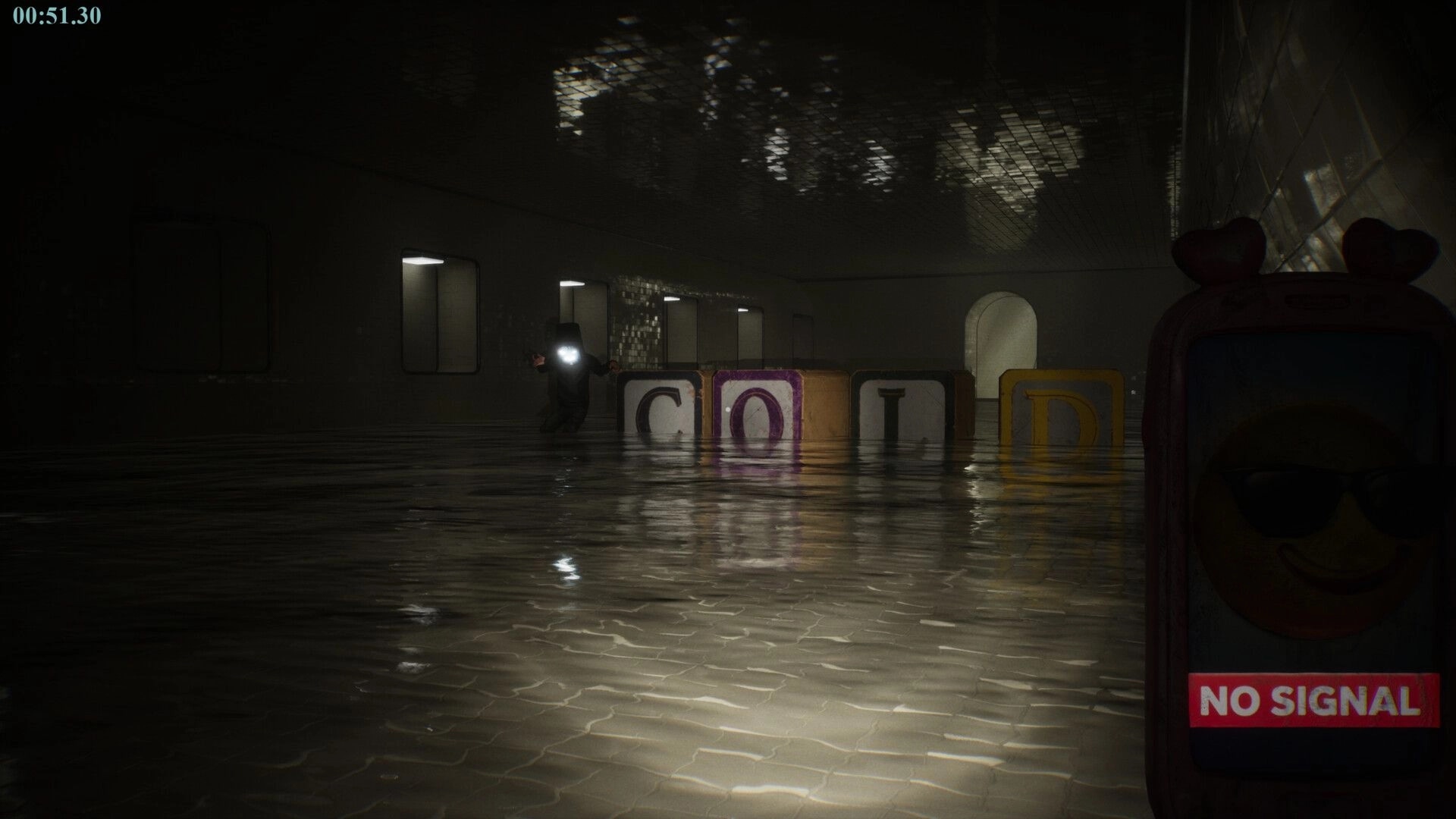 POOLSIDE VIGIL: Hooded figure crouches near blocks spelling "COLD" in dimly lit, flooded hallway.
