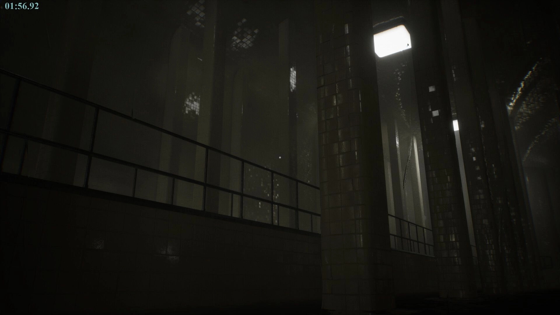 POOLSIDE VIGIL: Dark tiled corridor with dim lighting and visible timer in eerie poolroom setting