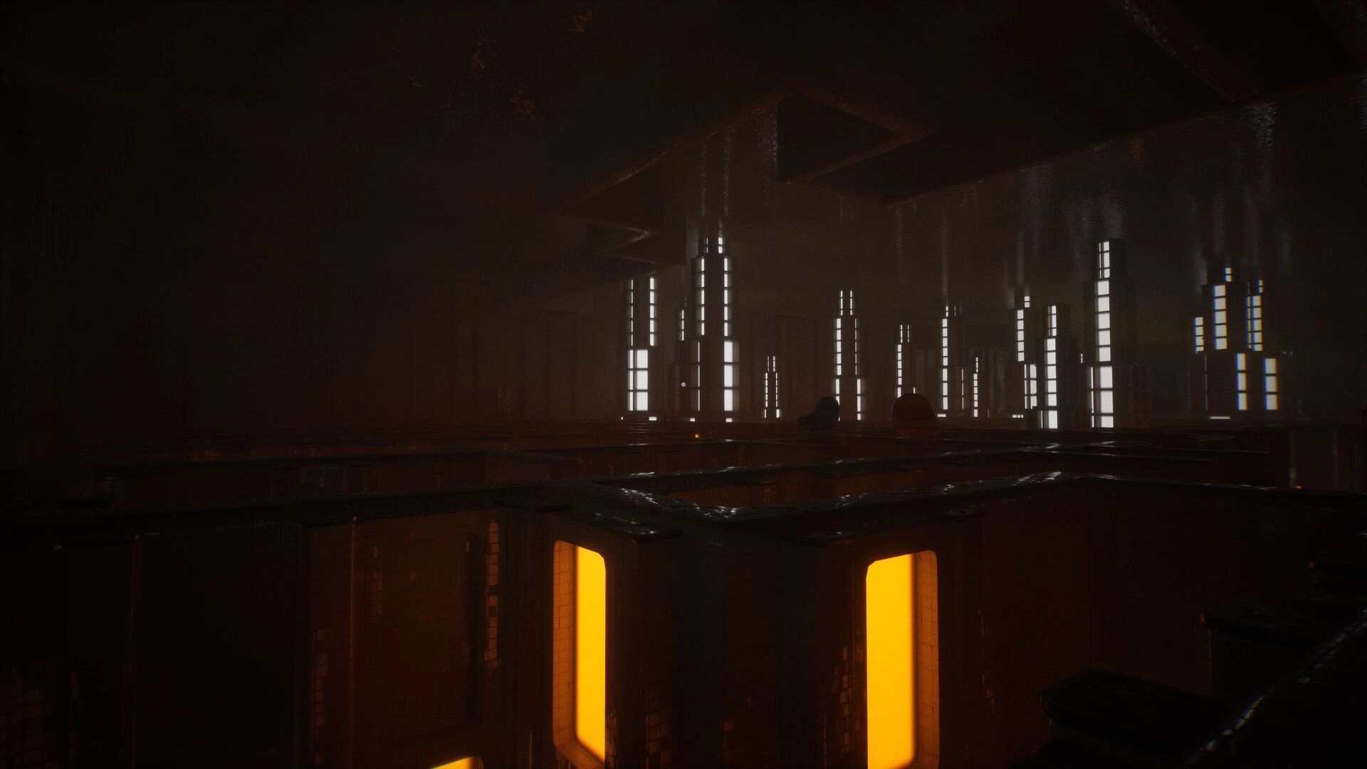 POOLSIDE VIGIL: Dark maze of illuminated walls with distant shadowy figures in an eerie pool environment