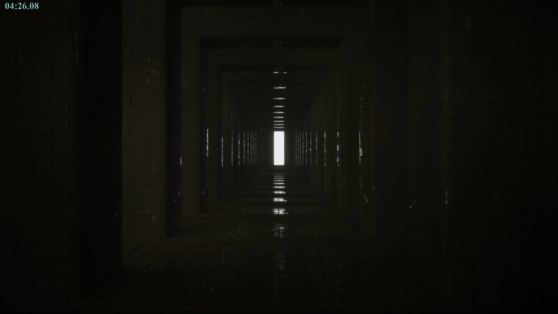 POOLSIDE VIGIL: Endless dark corridor with tiled walls, illuminated exit at the end, timer at 04:26.08