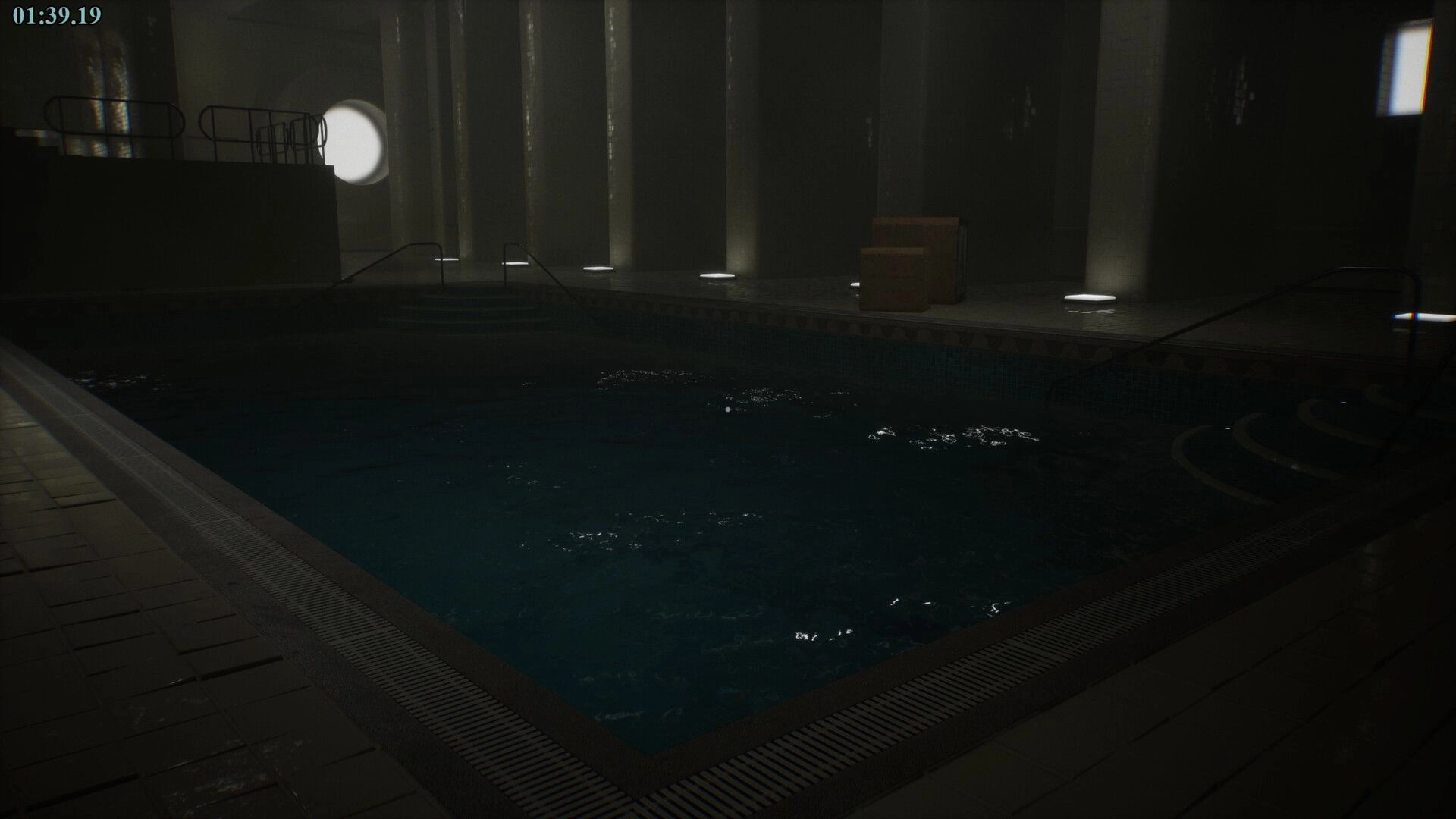 POOLSIDE VIGIL: Dimly lit indoor pool area with visible timer and mysterious shadowy corners