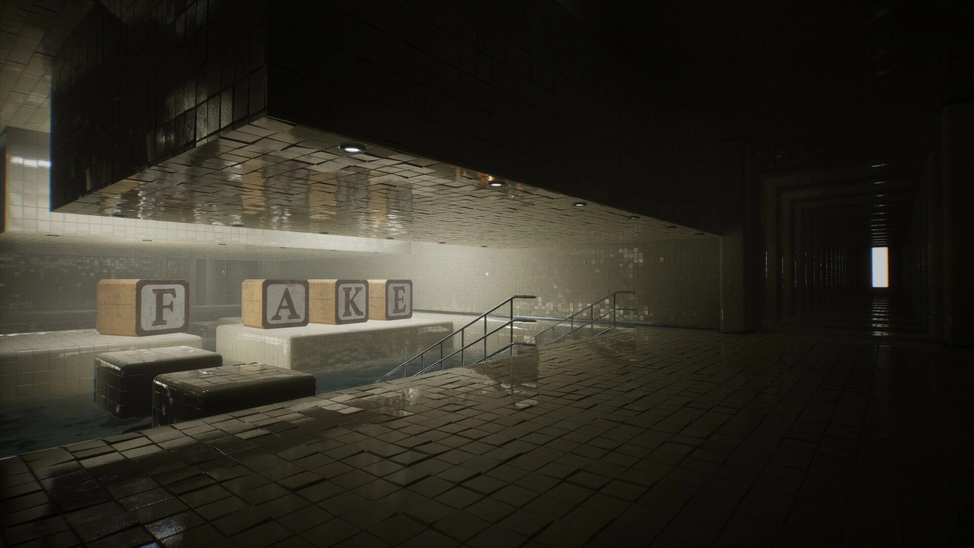 POOLSIDE VIGIL: Blocks spelling "FAKE" on tiled platform in dimly lit, eerie pool corridor.