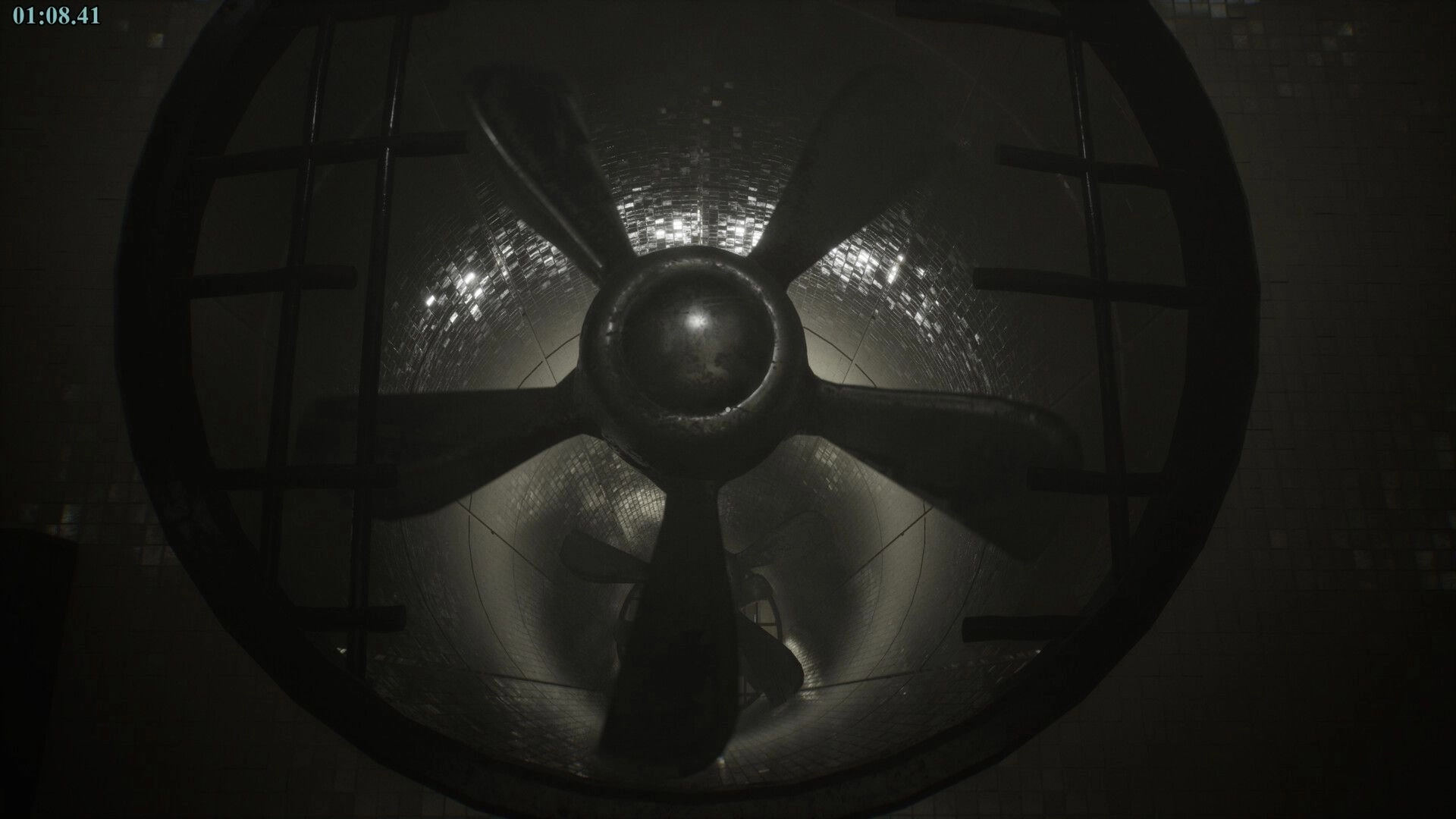 POOLSIDE VIGIL: Large industrial fan spinning in dimly lit tunnel with timer in the top left corner.