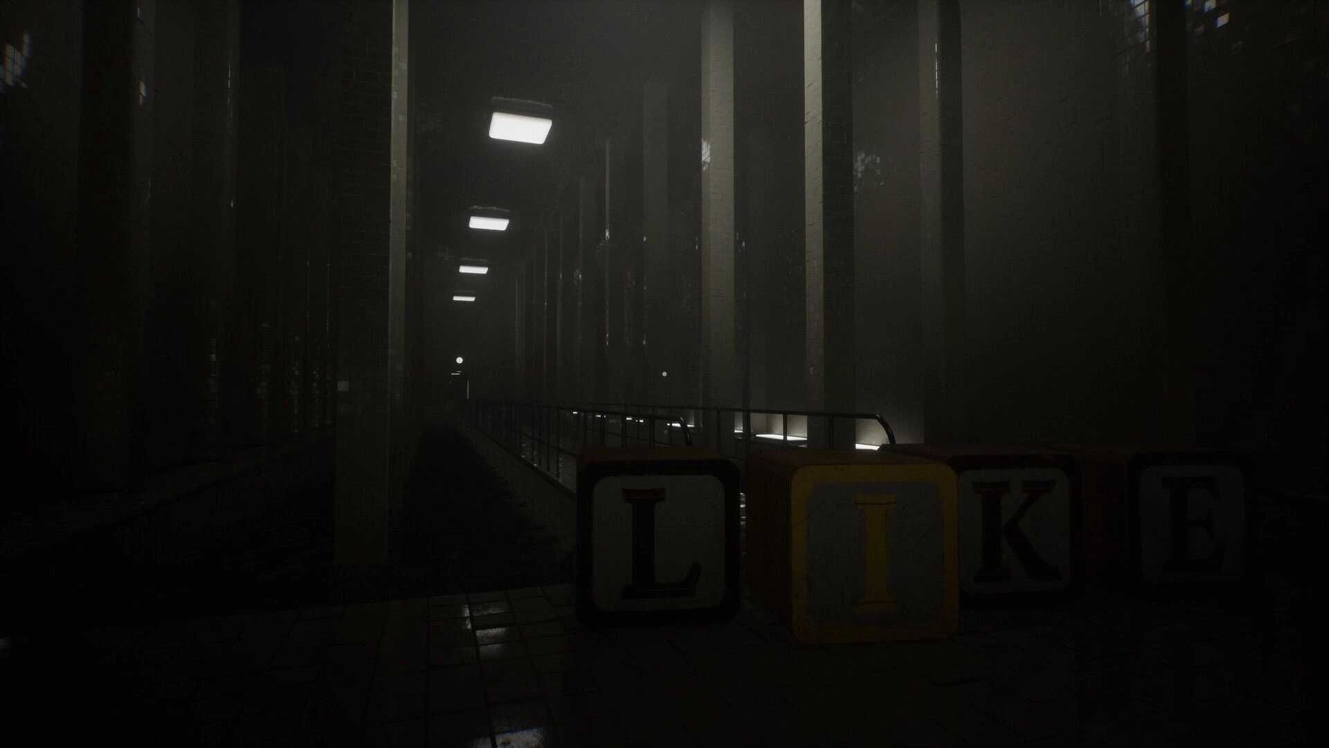 POOLSIDE VIGIL: Dimly lit corridor with large blocks spelling "LIKE" in a dark, eerie poolside setting.
