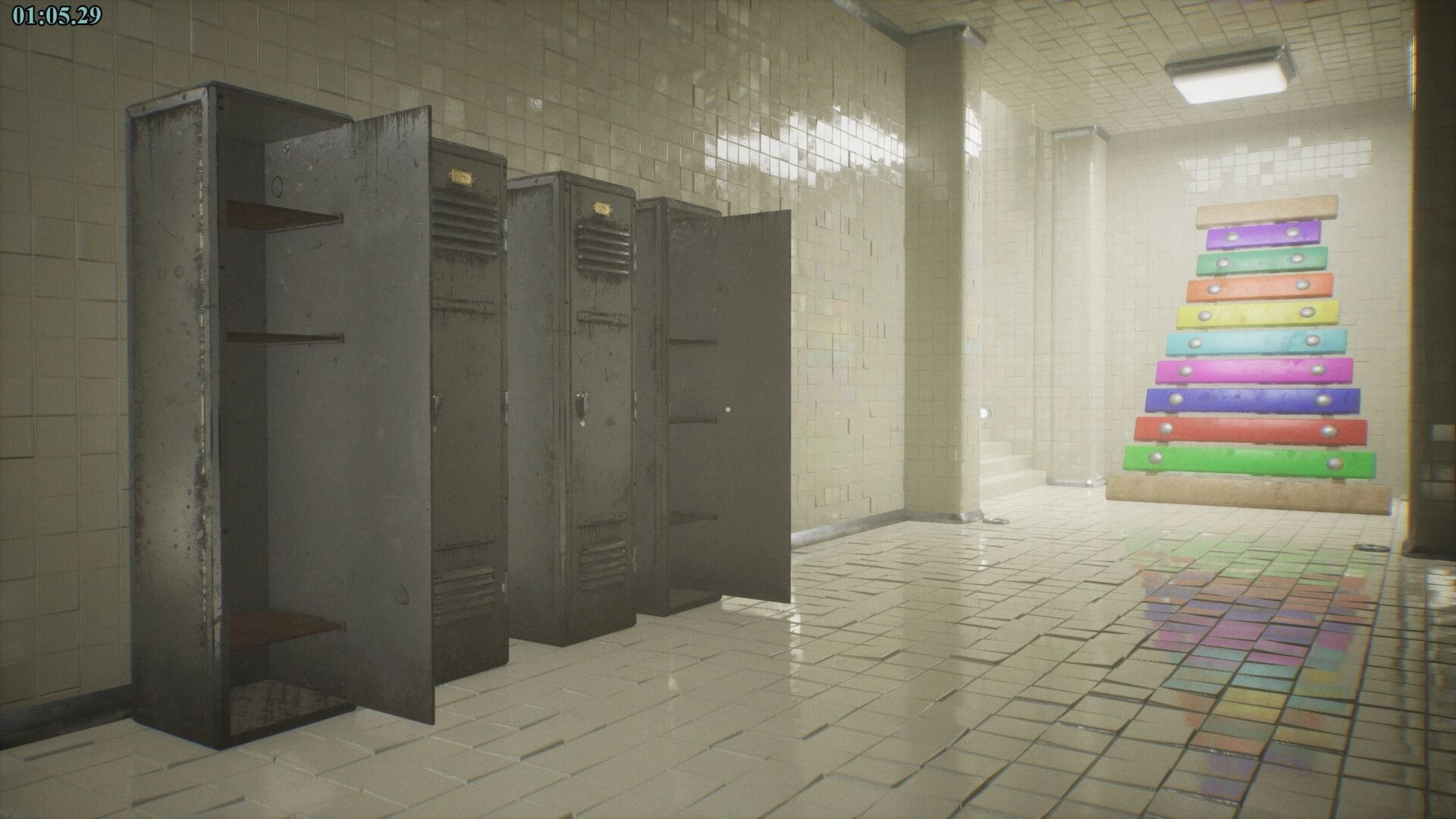 POOLSIDE VIGIL: Rusted lockers beside colorful xylophone ladder in tiled poolroom hallway