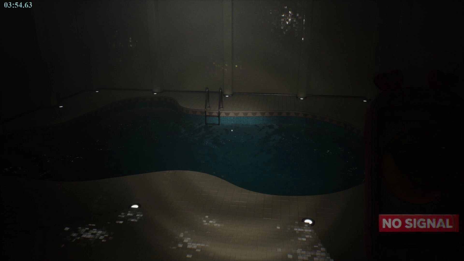 POOLSIDE VIGIL: Dimly lit pool area with ladder, timer at 03:54.63, and "NO SIGNAL" on screen