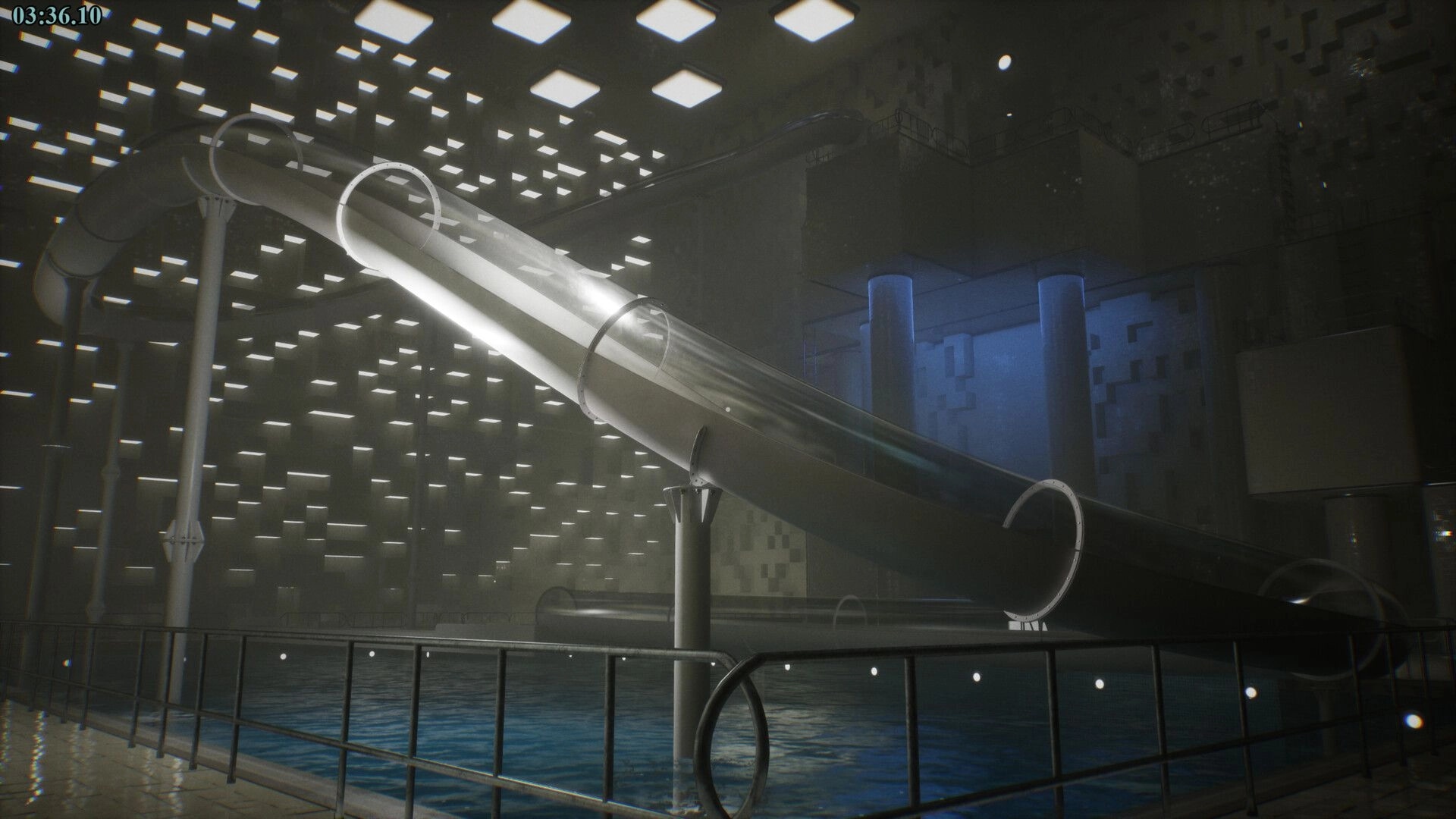 POOLSIDE VIGIL: Large twisting waterslide in dimly lit indoor pool area with water reflections on tiles