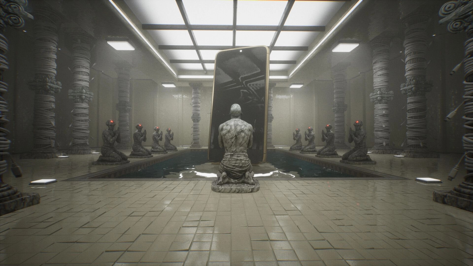POOLSIDE VIGIL: Stone figure kneeling before giant smartphone in eerie pool room with columns and statues.