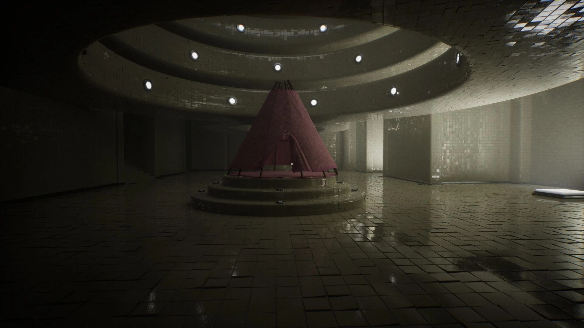 POOLSIDE VIGIL: Pink tent structure on circular platform in dimly lit, tiled, and eerie poolroom environment.
