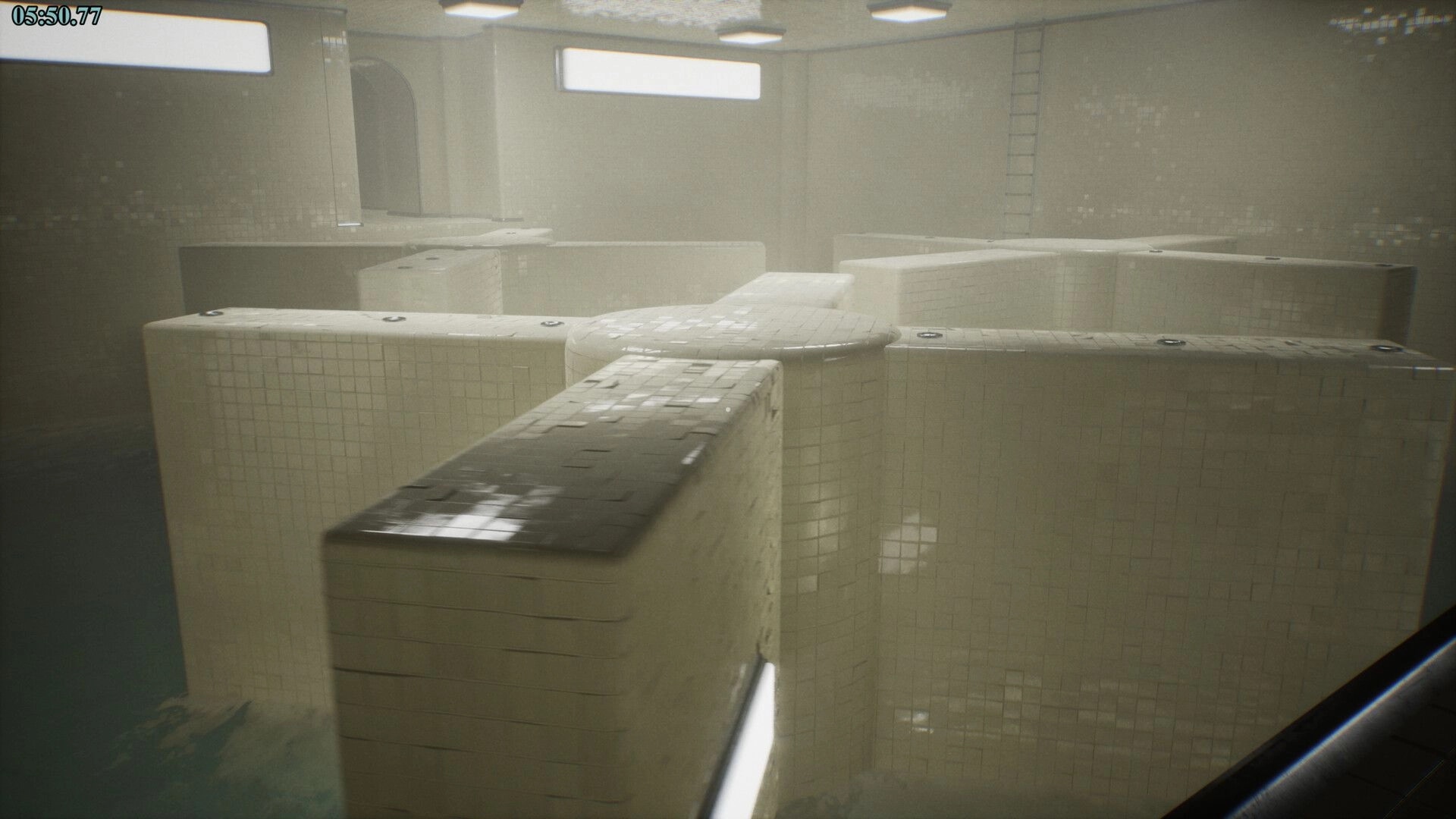 POOLSIDE VIGIL: Navigate tiled maze with water-filled paths in dimly lit poolroom environment