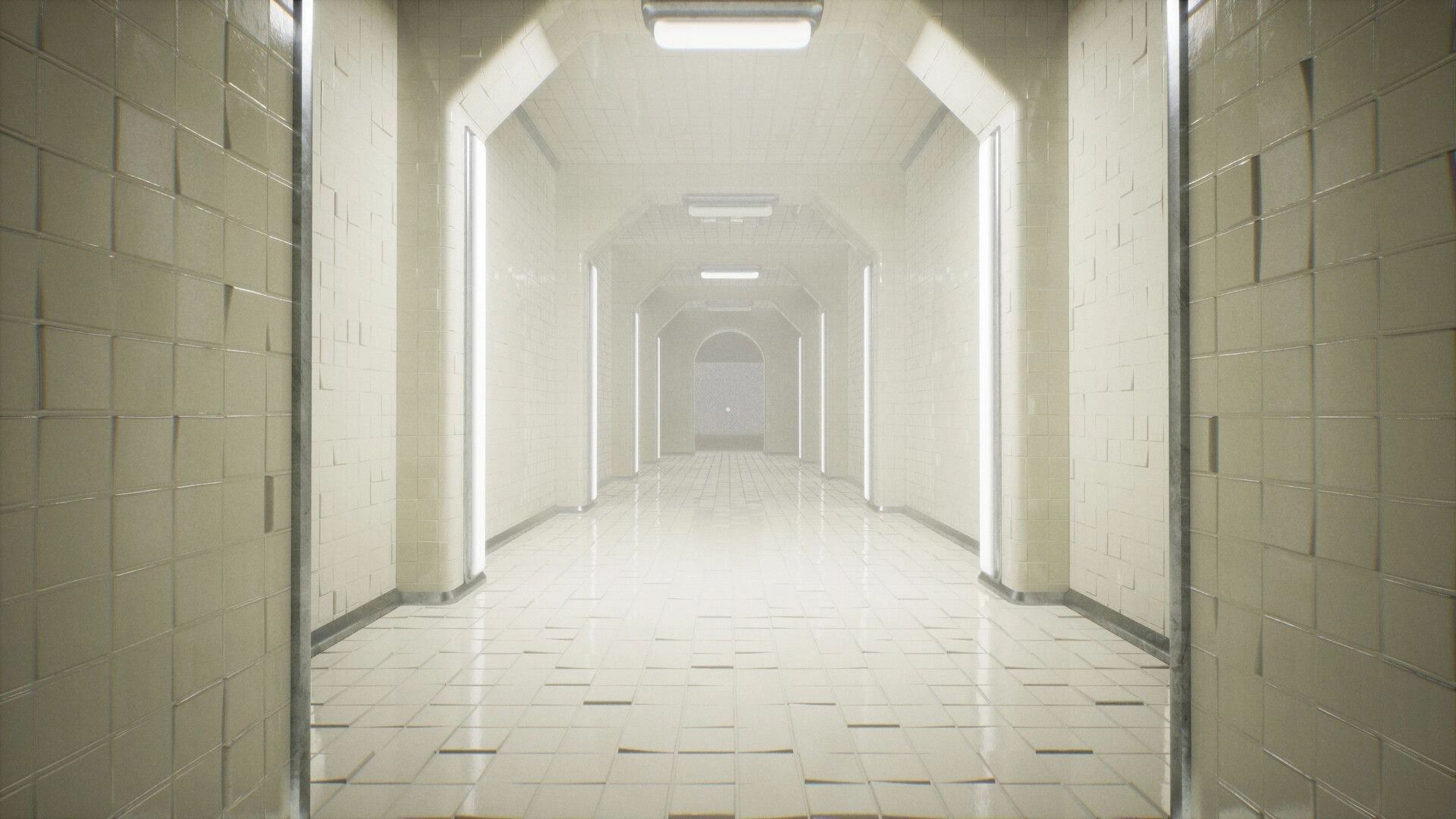 POOLSIDE VIGIL: Empty tiled corridor with fluorescent lights in eerie, sterile poolroom environment.