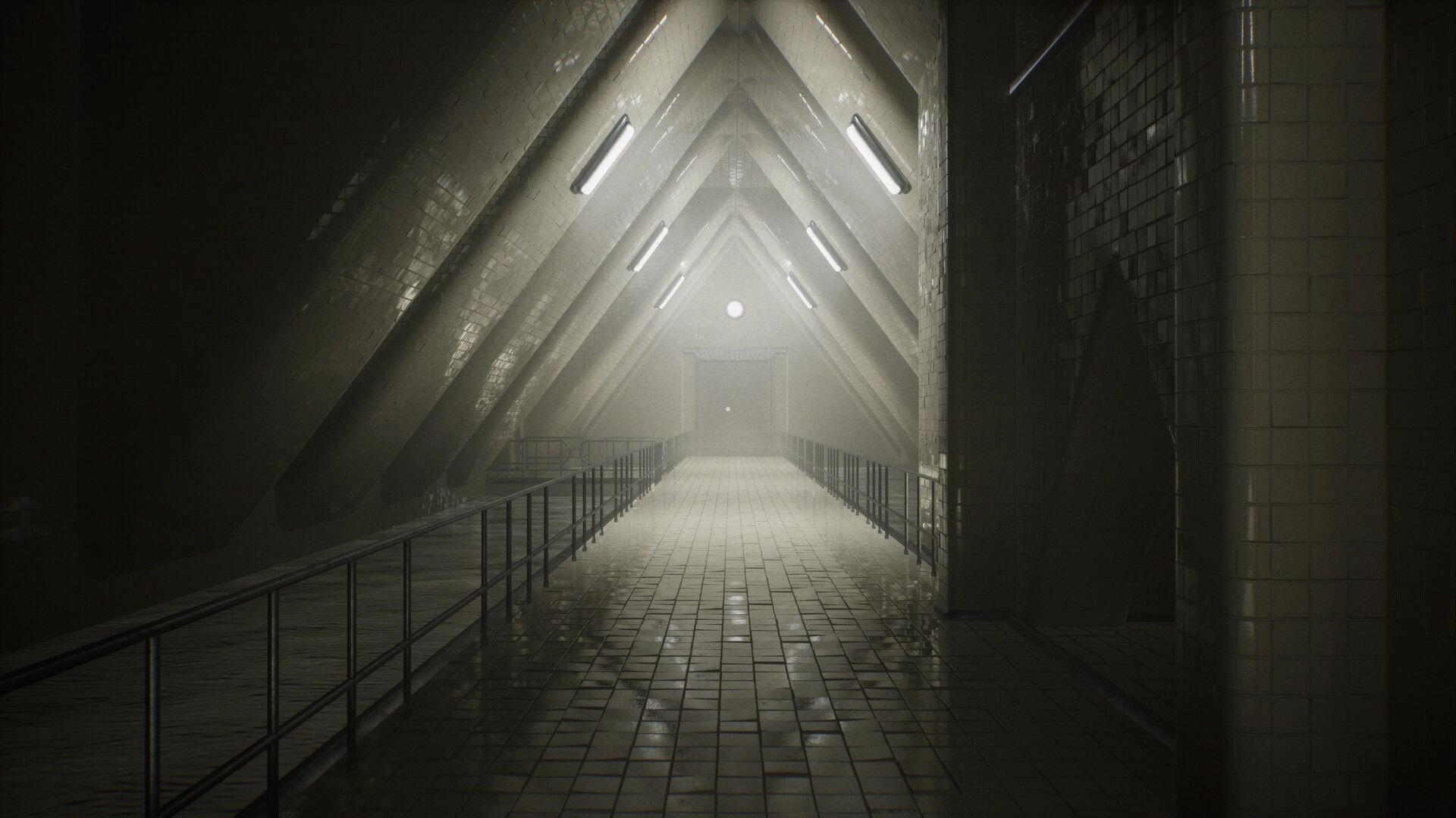 POOLSIDE VIGIL: Dimly lit tiled corridor with triangular beams, eerie ambiance, and shadowy reflections