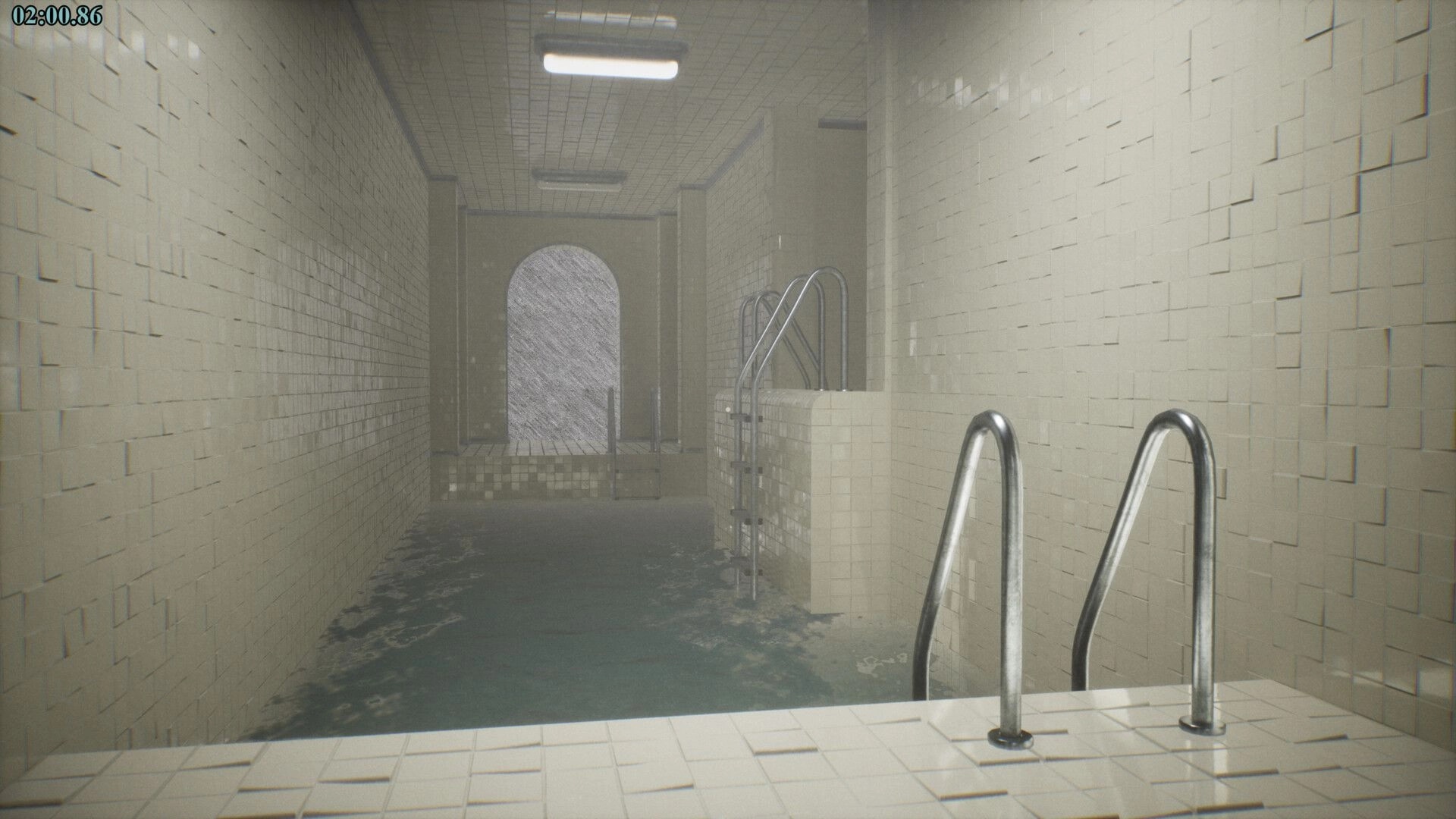 POOLSIDE VIGIL: Eerie tiled hallway with water and a ladder, time displayed in the top left corner.