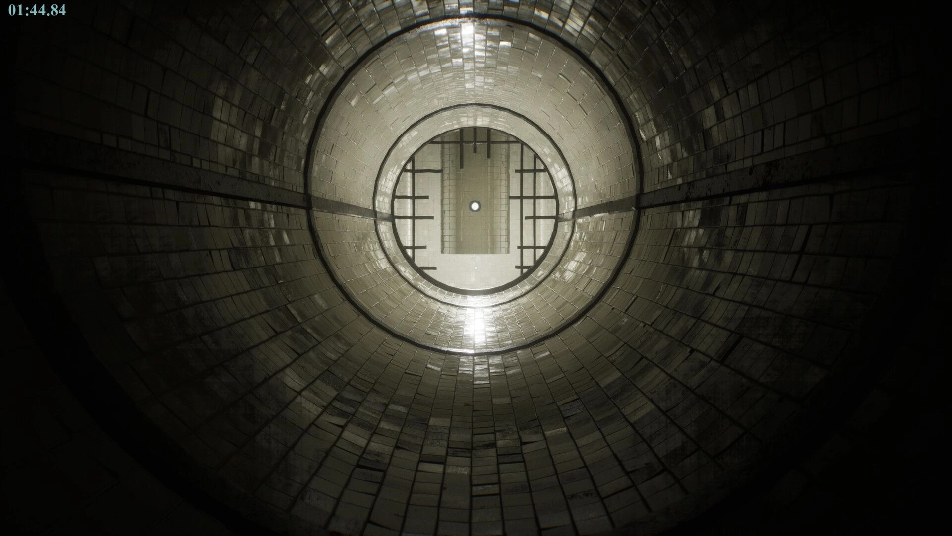 POOLSIDE VIGIL: View of a tiled tunnel with a circular opening, timer displayed in the top-left corner.