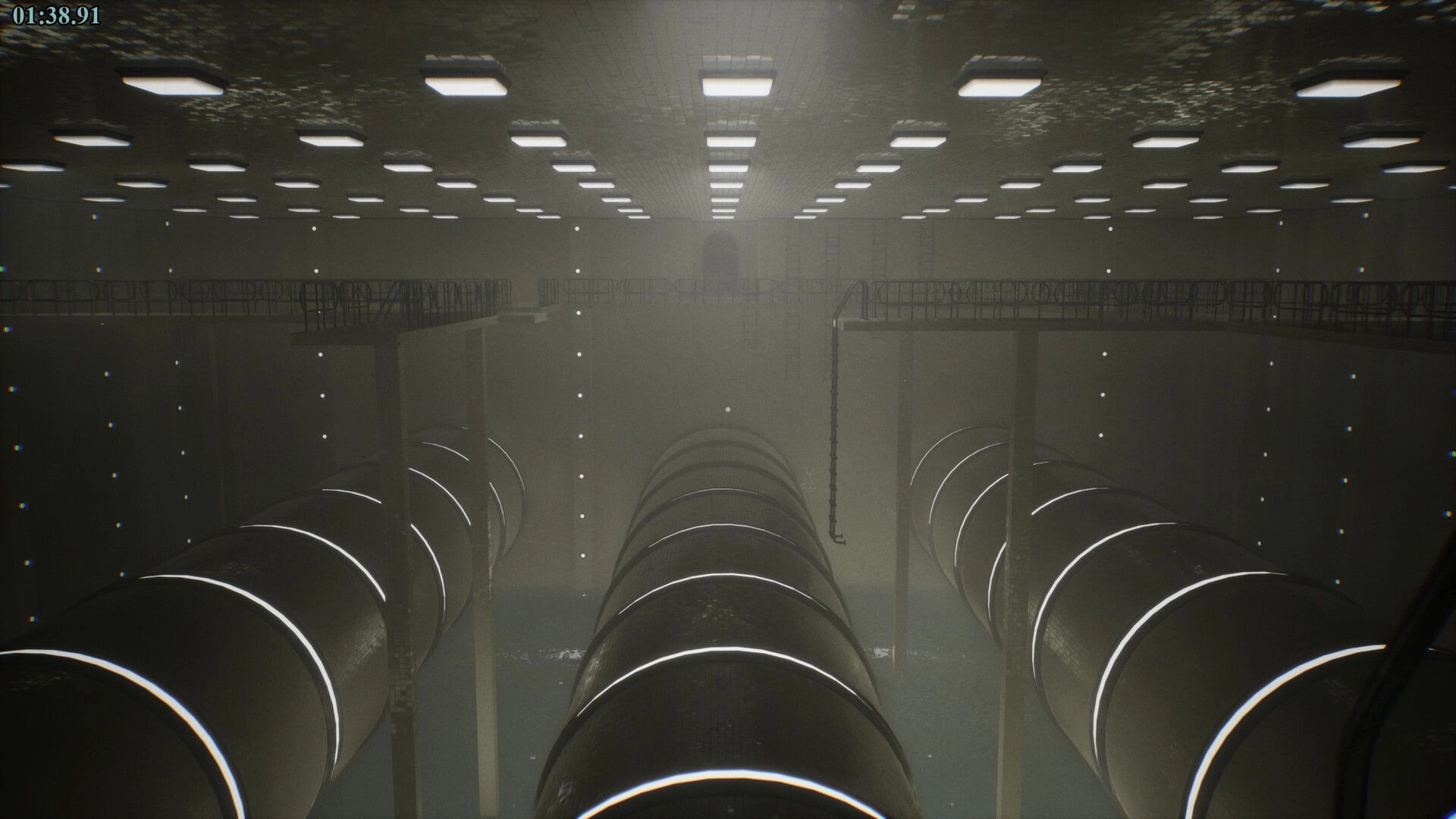POOLSIDE VIGIL: View of large industrial pipes and catwalks in a dimly lit, eerie poolroom environment.