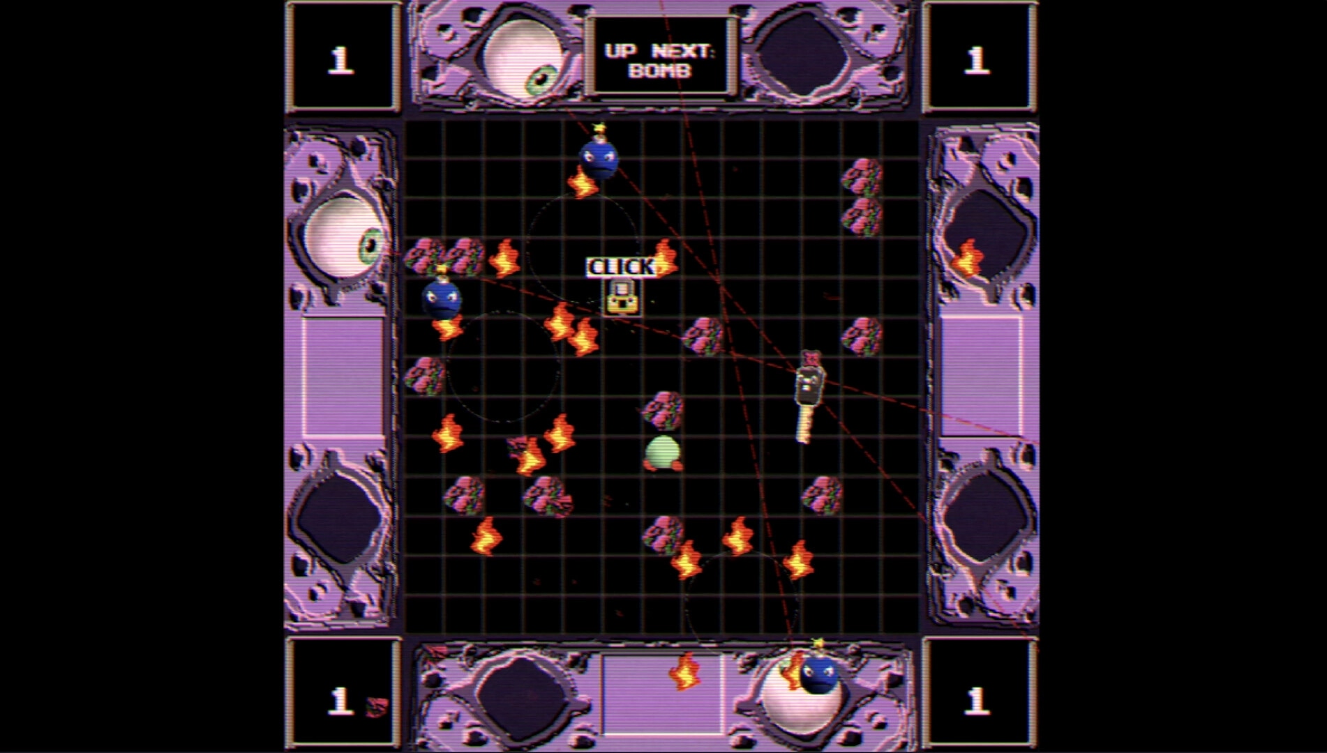 Pop Optics: Player dodges teardrops and lasers on a grid with fiery explosions and an eyeball border