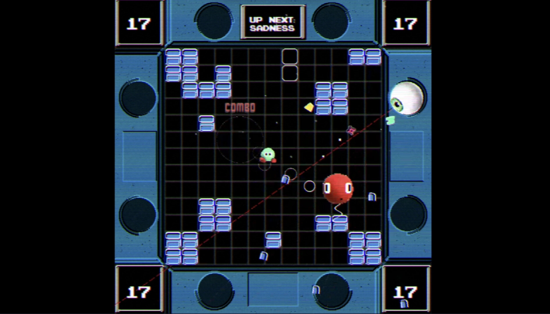 Pop Optics: Character dodges lasers and enemies on a grid with teardrops and eyeball obstacles