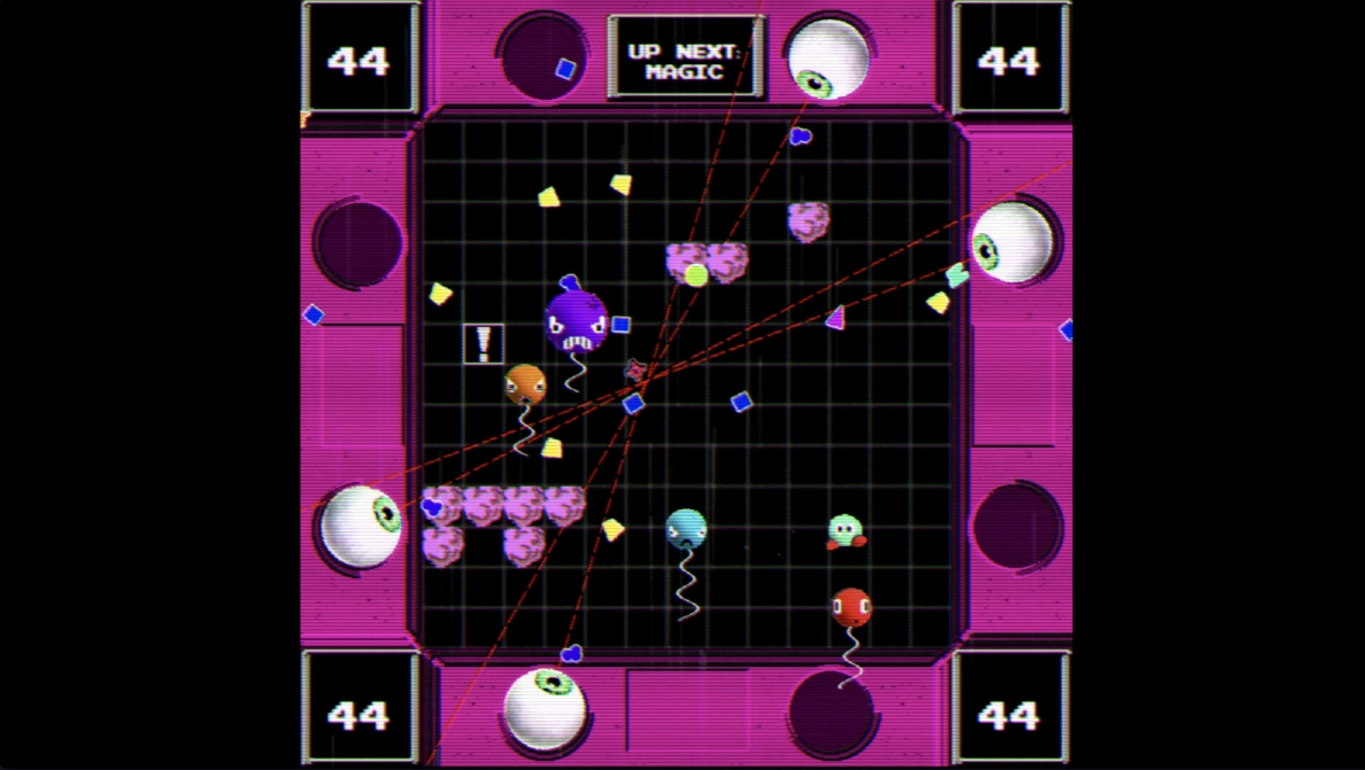 Pop Optics: Colorful characters dodge lasers on a grid board with eyeballs aiming at the player's cursor.