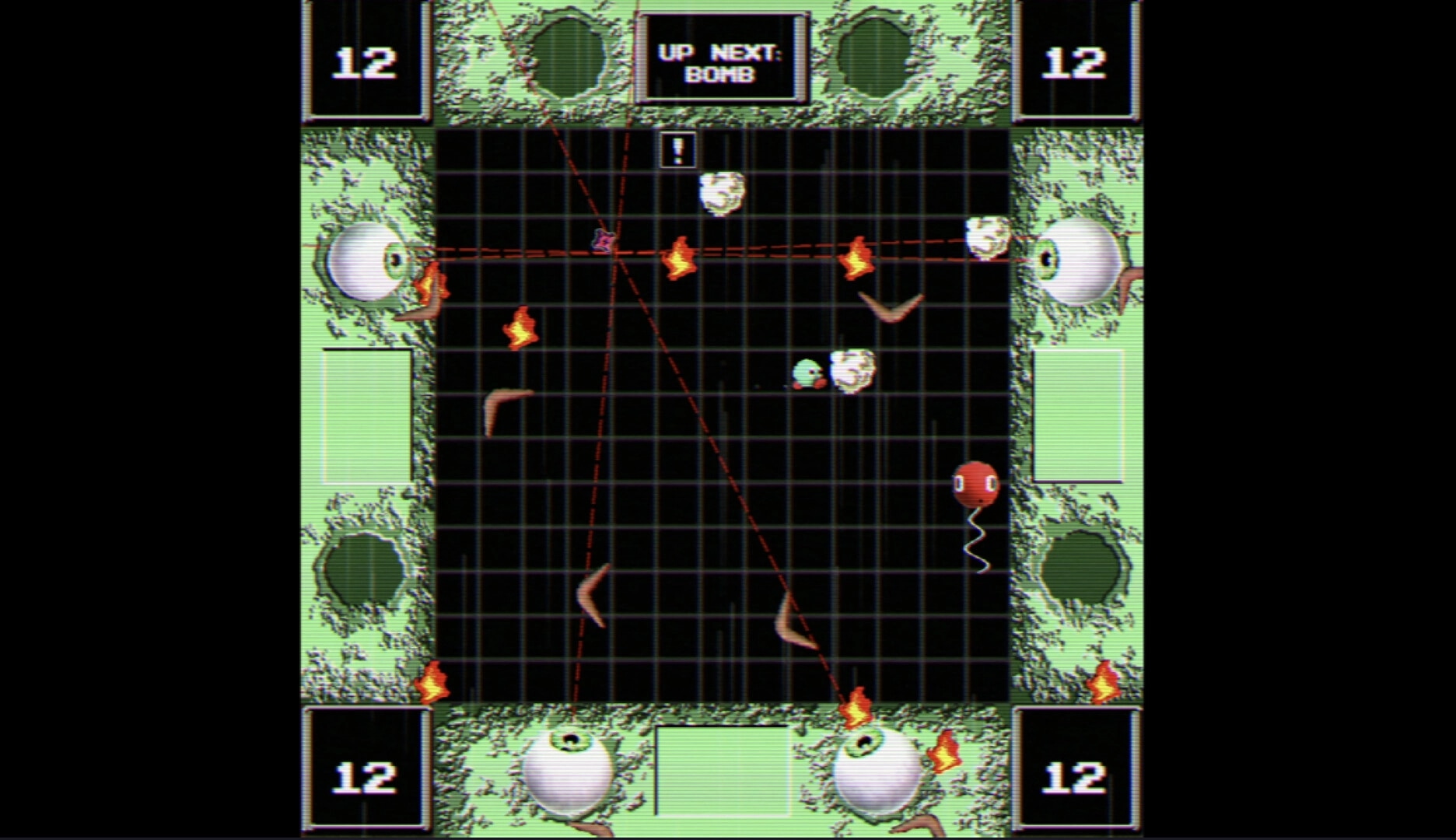 Pop Optics: Eyeballs fire lasers as player dodges teardrops and flames on grid-like battlefield