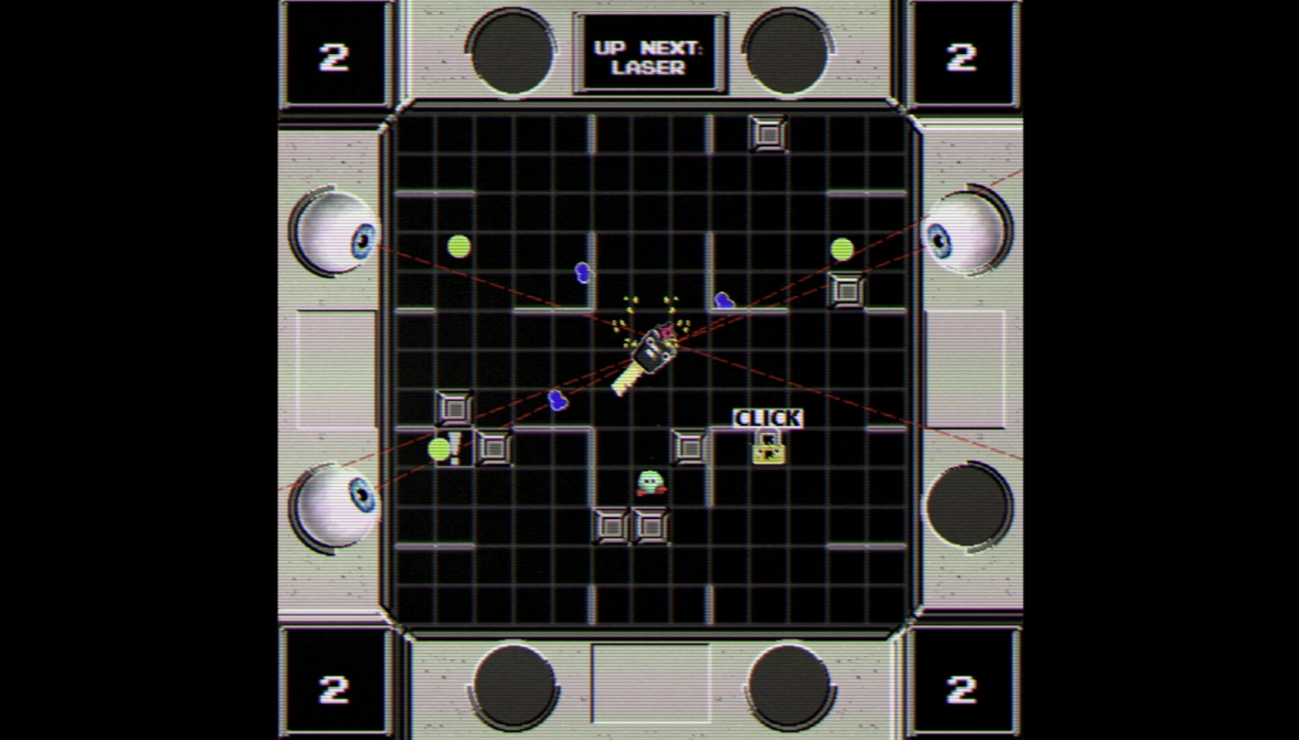 Pop Optics: Player dodges lasers from eyeballs on grid with teardrops, boxes, and "click" prompt visible.
