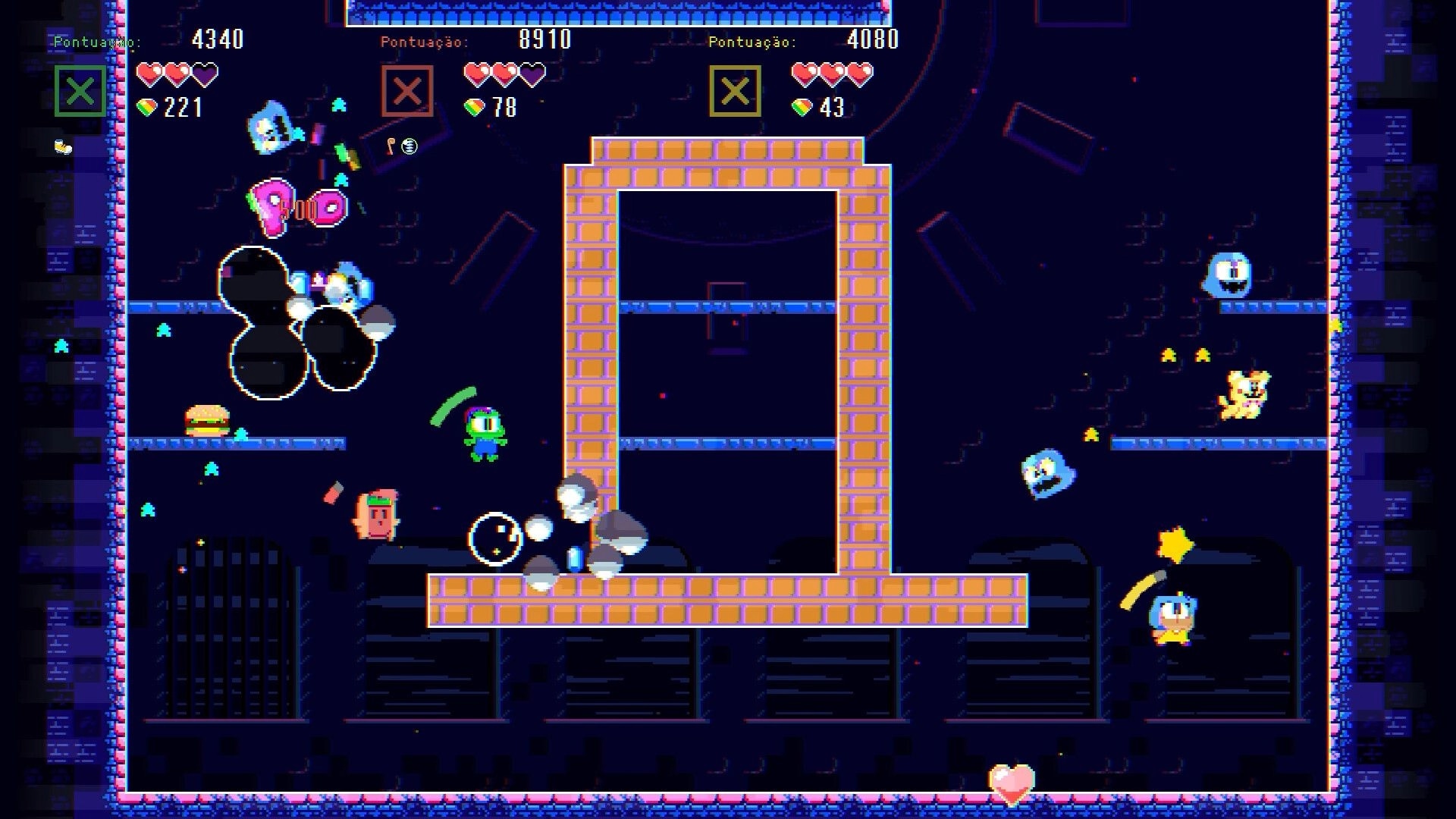 POPAPOM: Multiplayer arena brawl with bombs and flying items, hearts and scores UI in brick maze.
